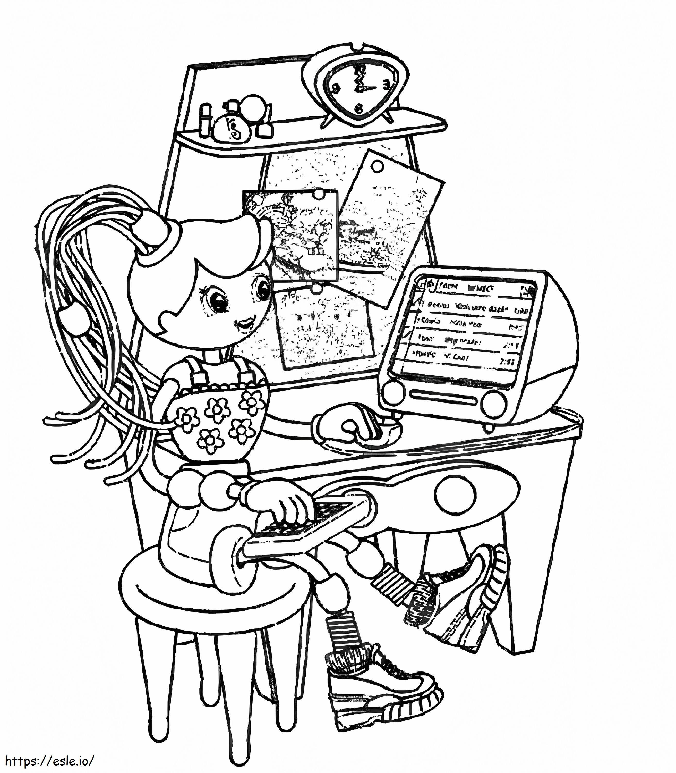 Betty Spaghetti usando la computadora para colorear