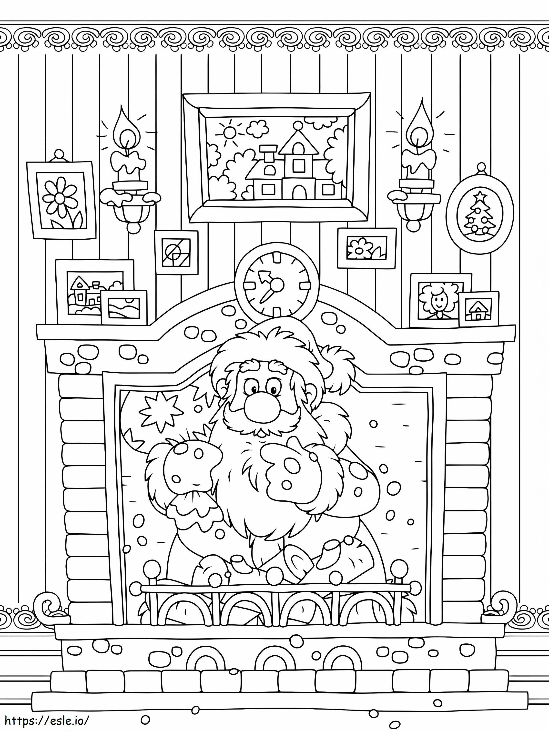 Coloriage Père Noël dans la cheminée à imprimer dessin