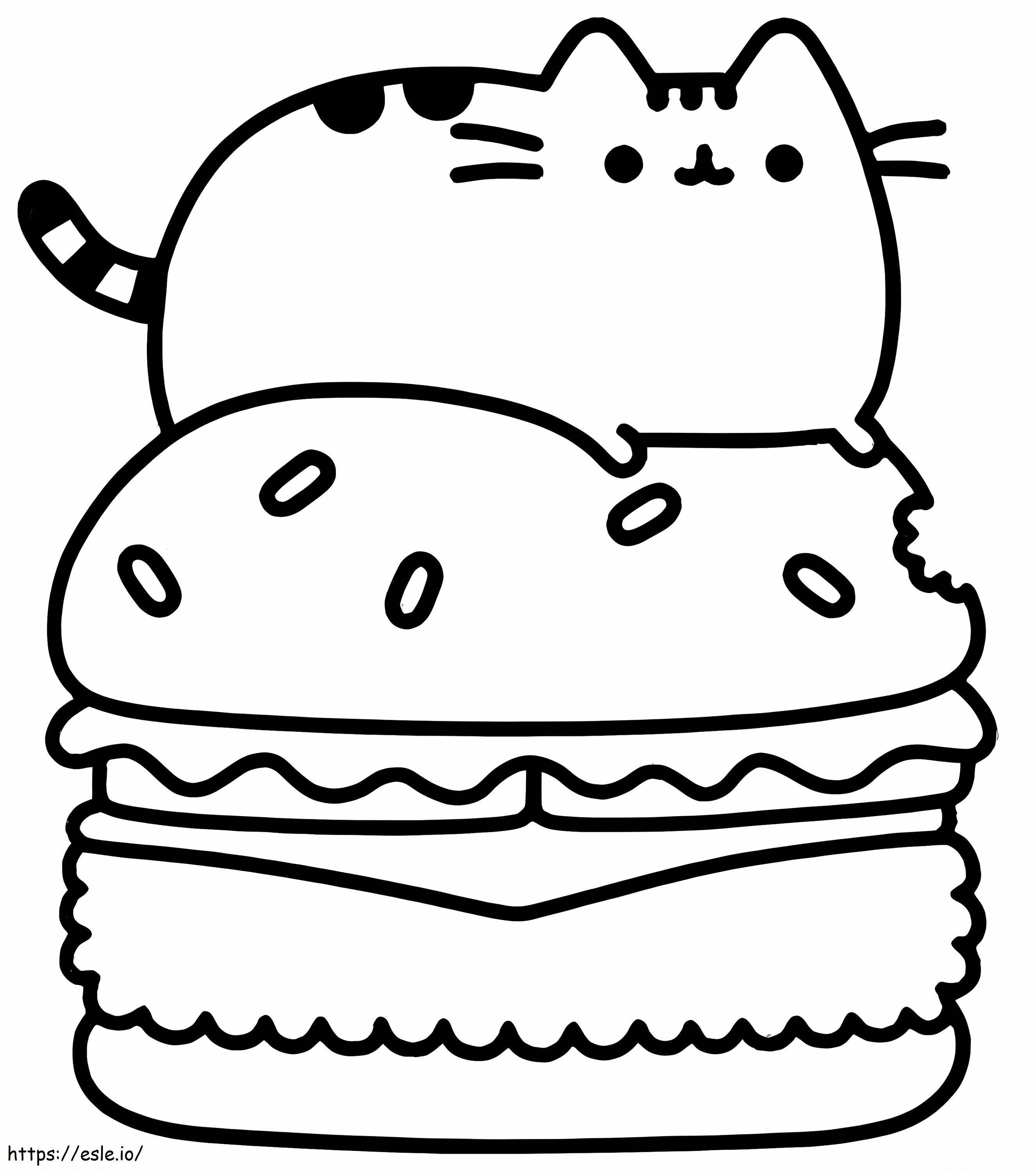 Kawaii Pusheen Cat em Hambúrguer para colorir