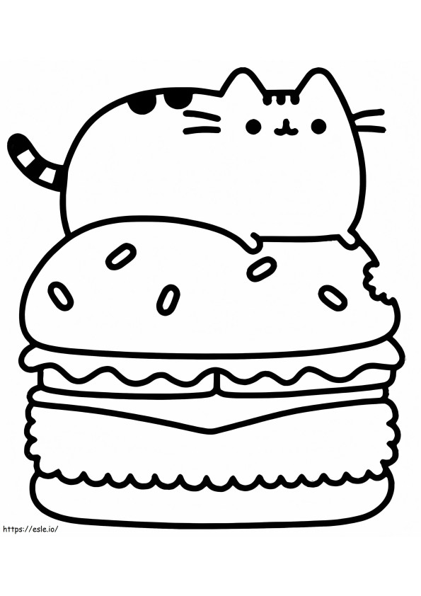 Kawaii Pusheen Cat In Burger de colorat