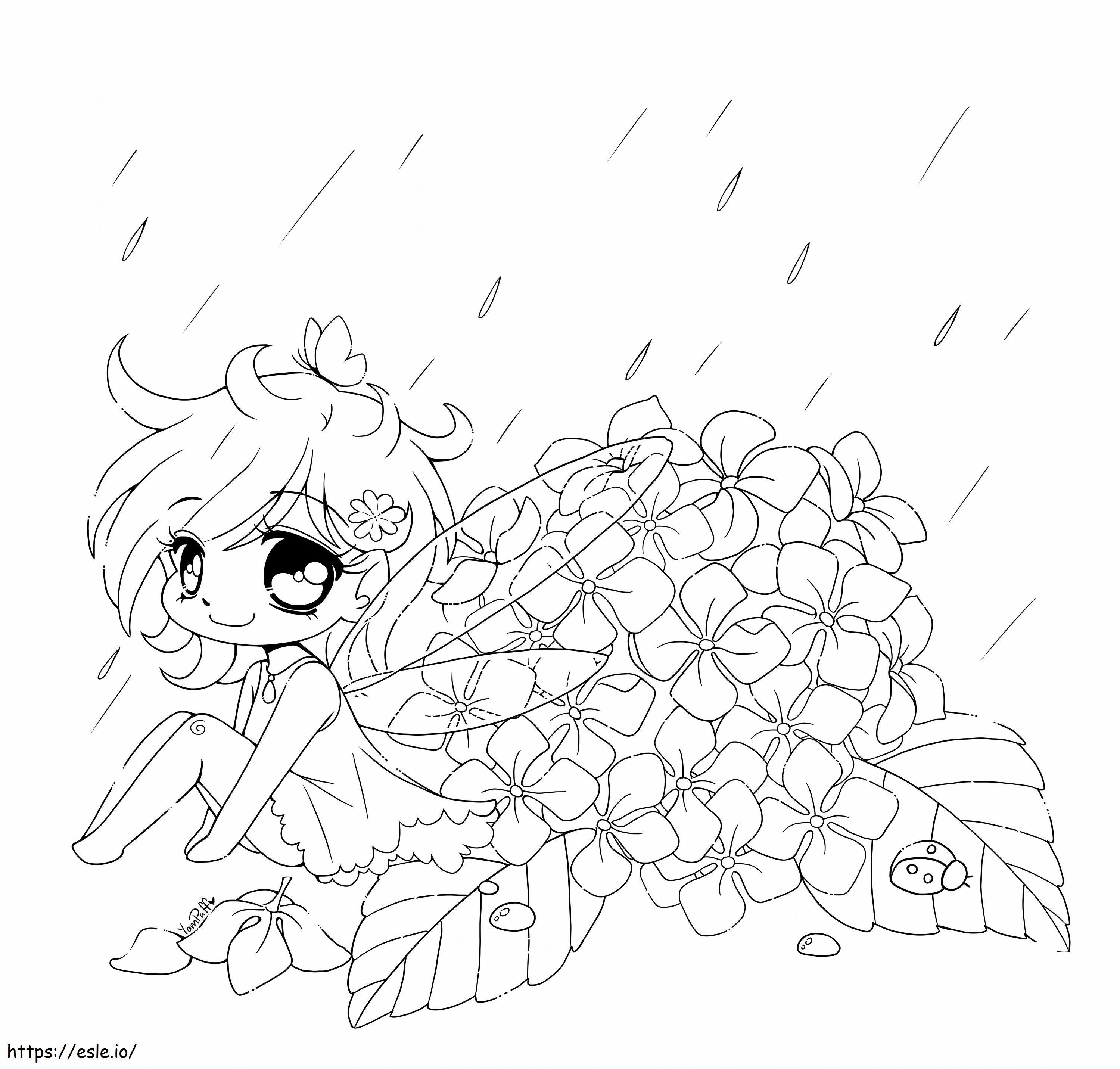 雨の中のかわいい妖精 ぬりえ - 塗り絵
