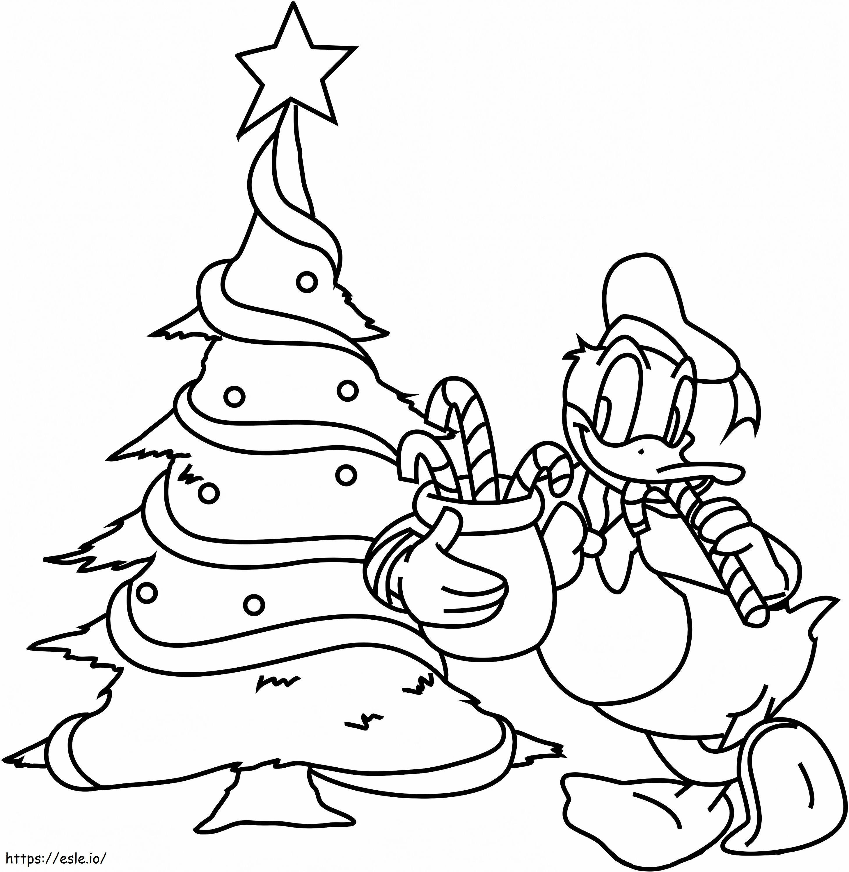 Coloriage  Donald Duck avec sapin de Noël A4 à imprimer dessin