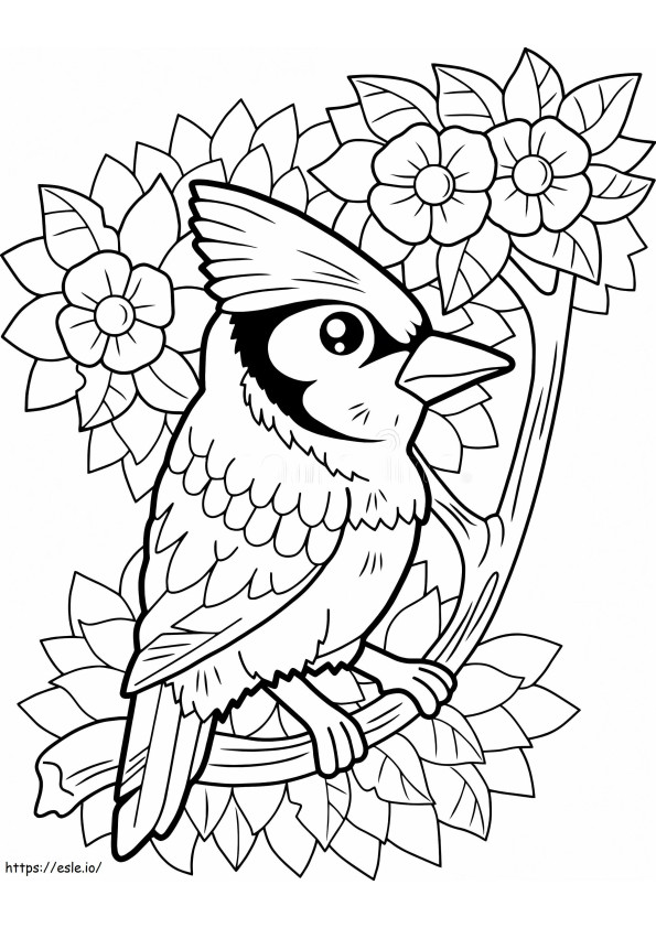 Coloriage Geai oiseau avec fleur à imprimer dessin