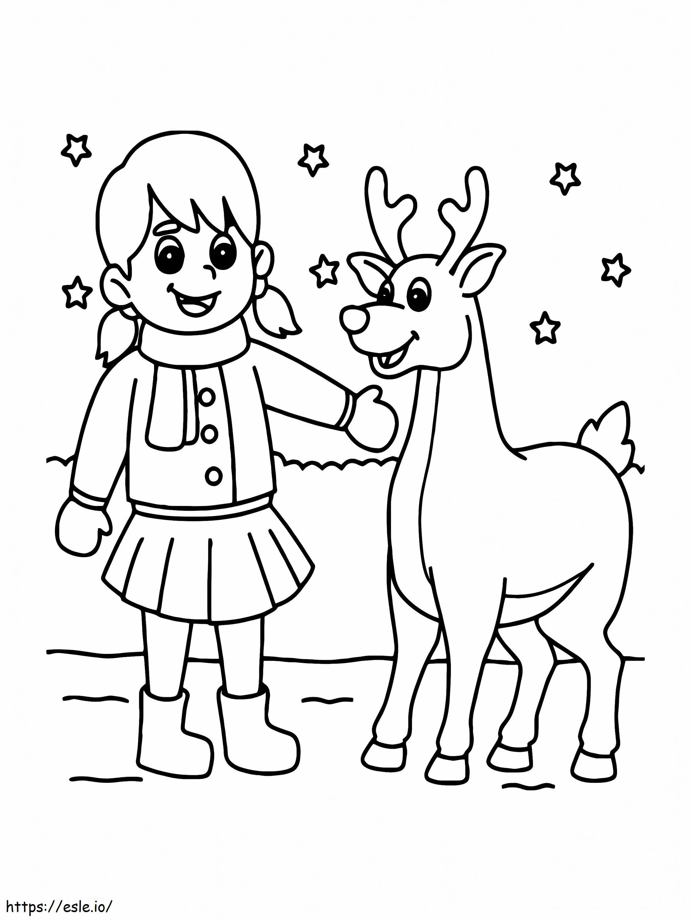 Cute Girl And Reindeer coloring page