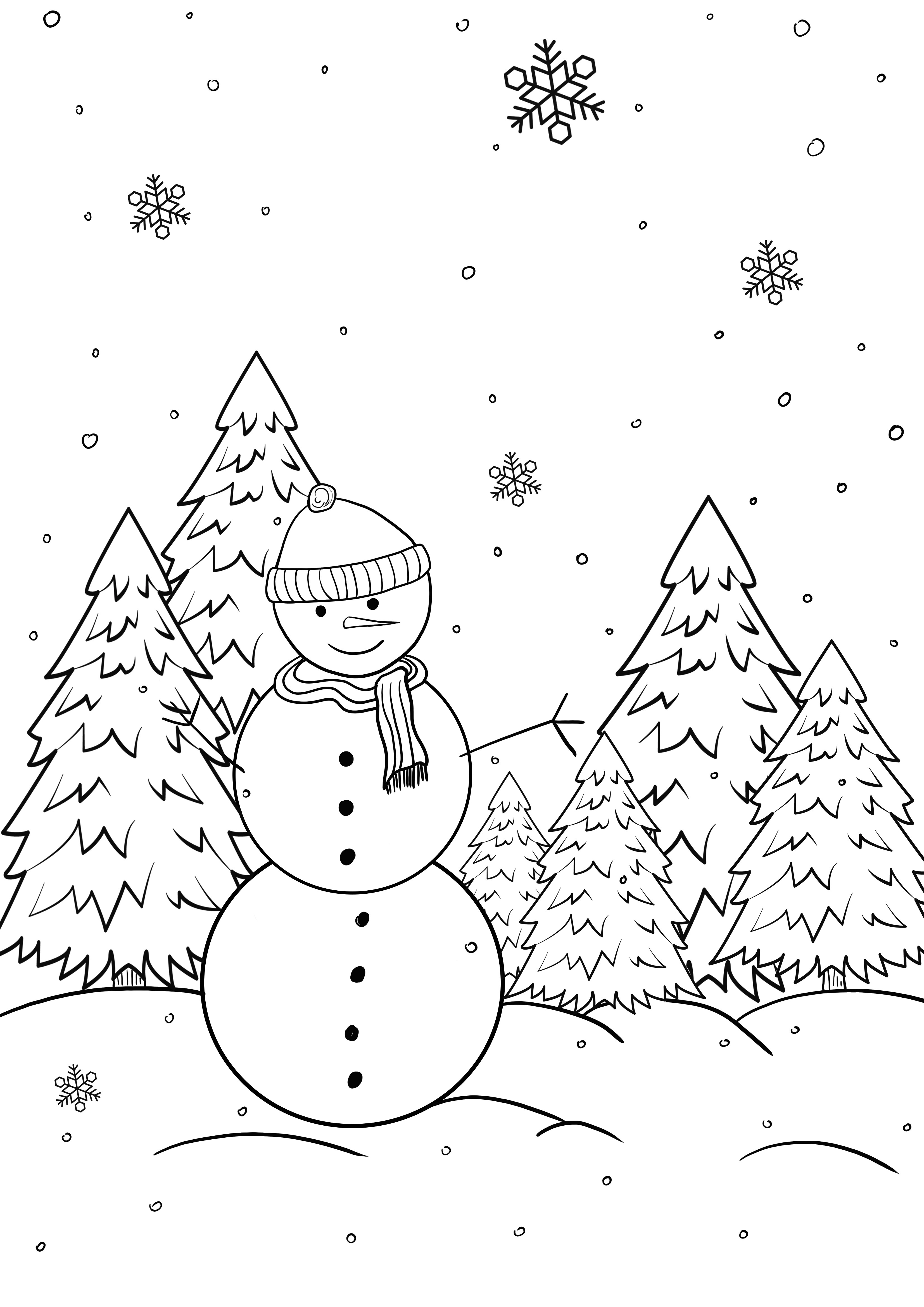 Schneeflocken-Weihnachtsbäume-Schneemann Seite zum kostenlosen Ausdrucken