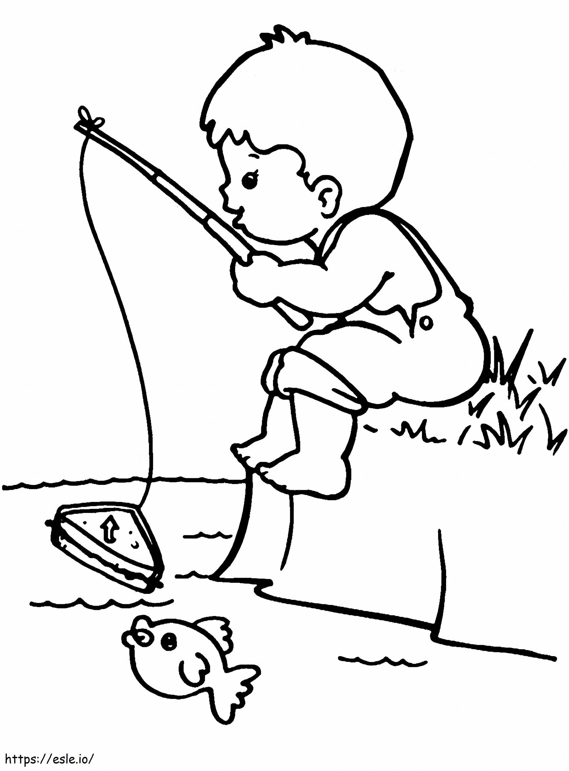 釣りをする小さな男の子 ぬりえ - 塗り絵