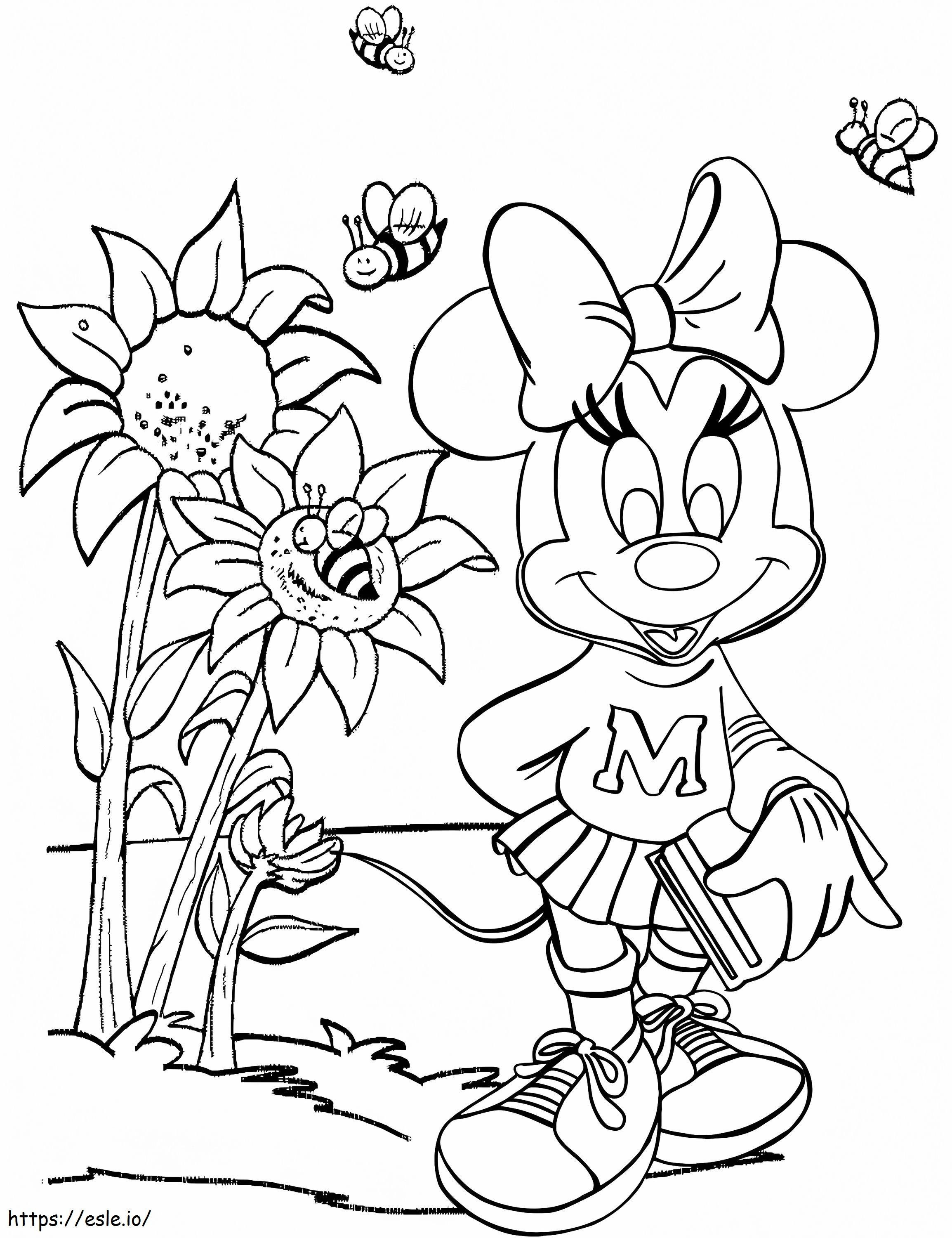 花とミツバチを持つミニーマウス ぬりえ - 塗り絵