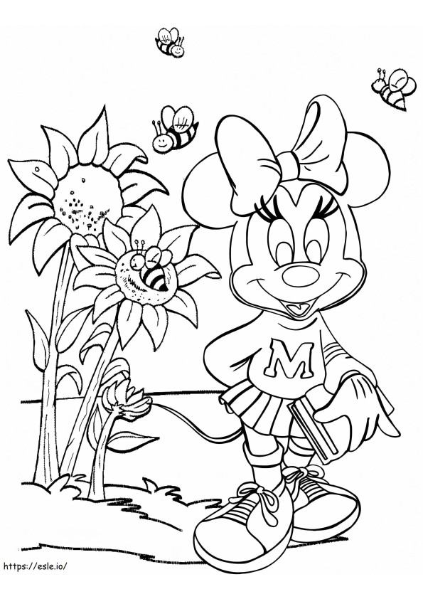 Coloriage Minnie Mouse avec fleur et abeilles à imprimer dessin