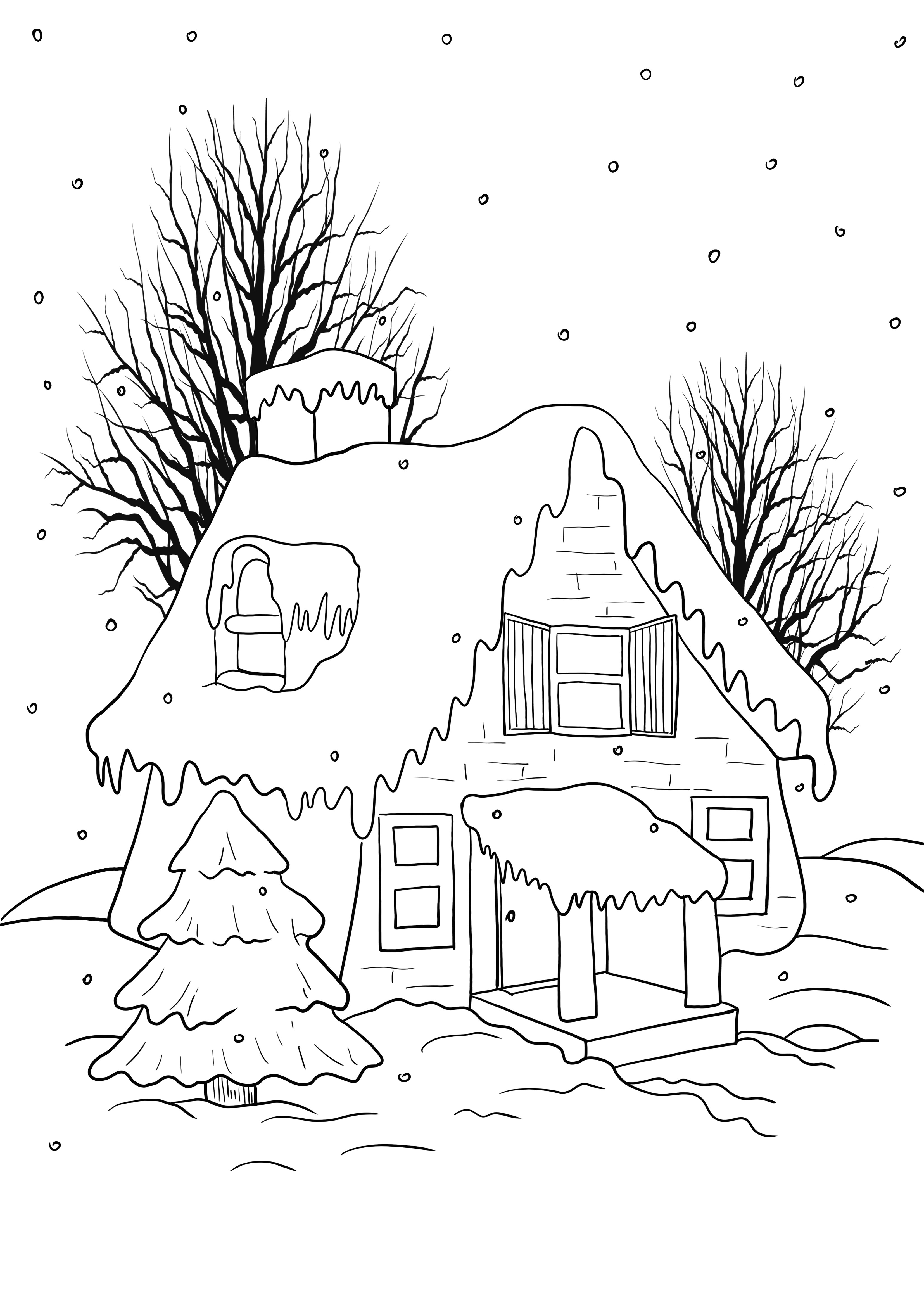 casa di campagna in inverno stampa e colorazione