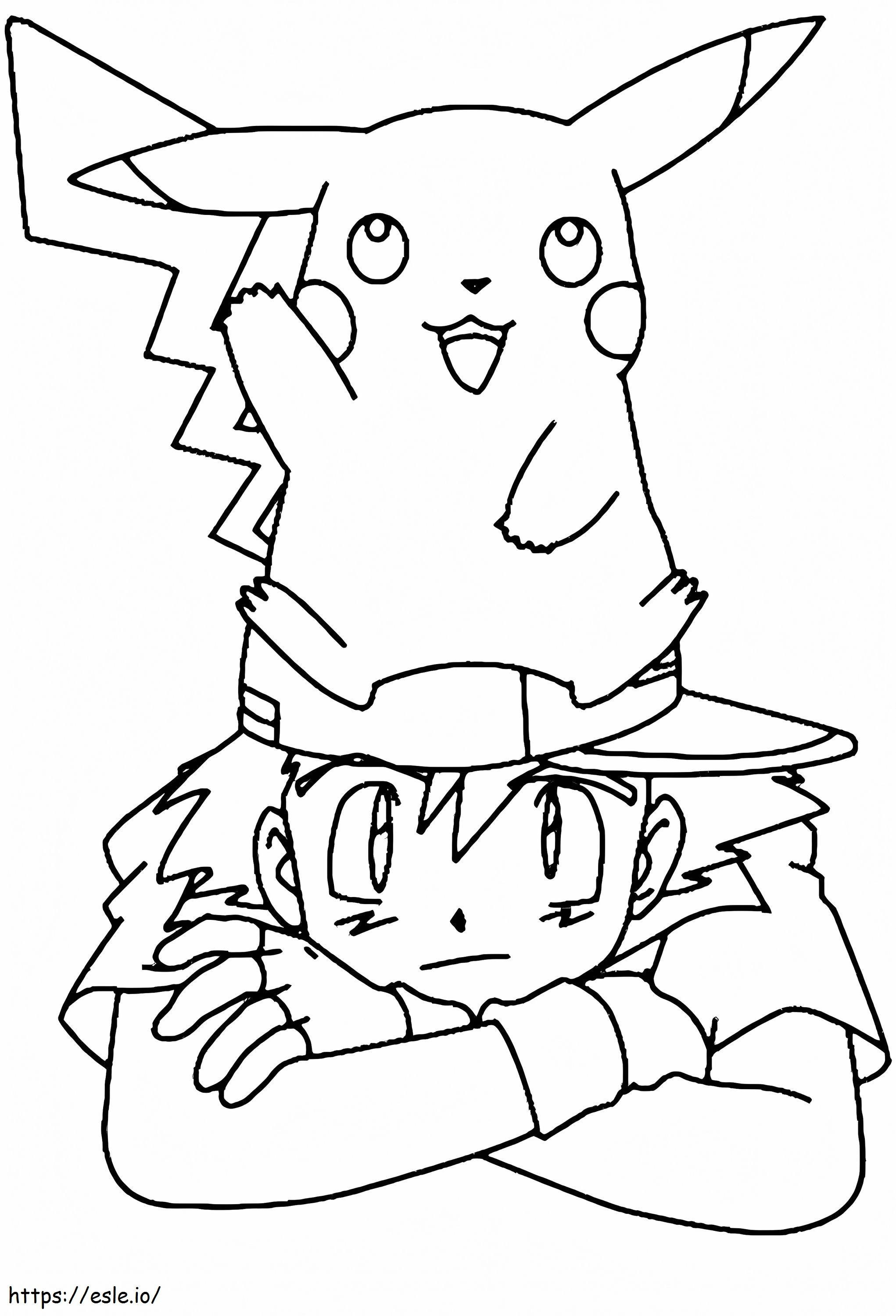 Pikachu zittend op het hoofd van Satoshi kleurplaat kleurplaat