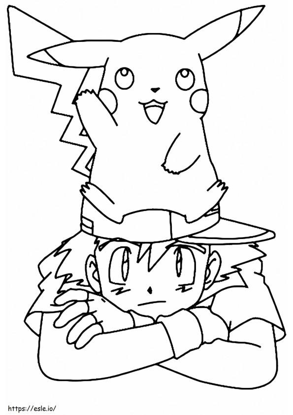 Pikachu zittend op het hoofd van Satoshi kleurplaat