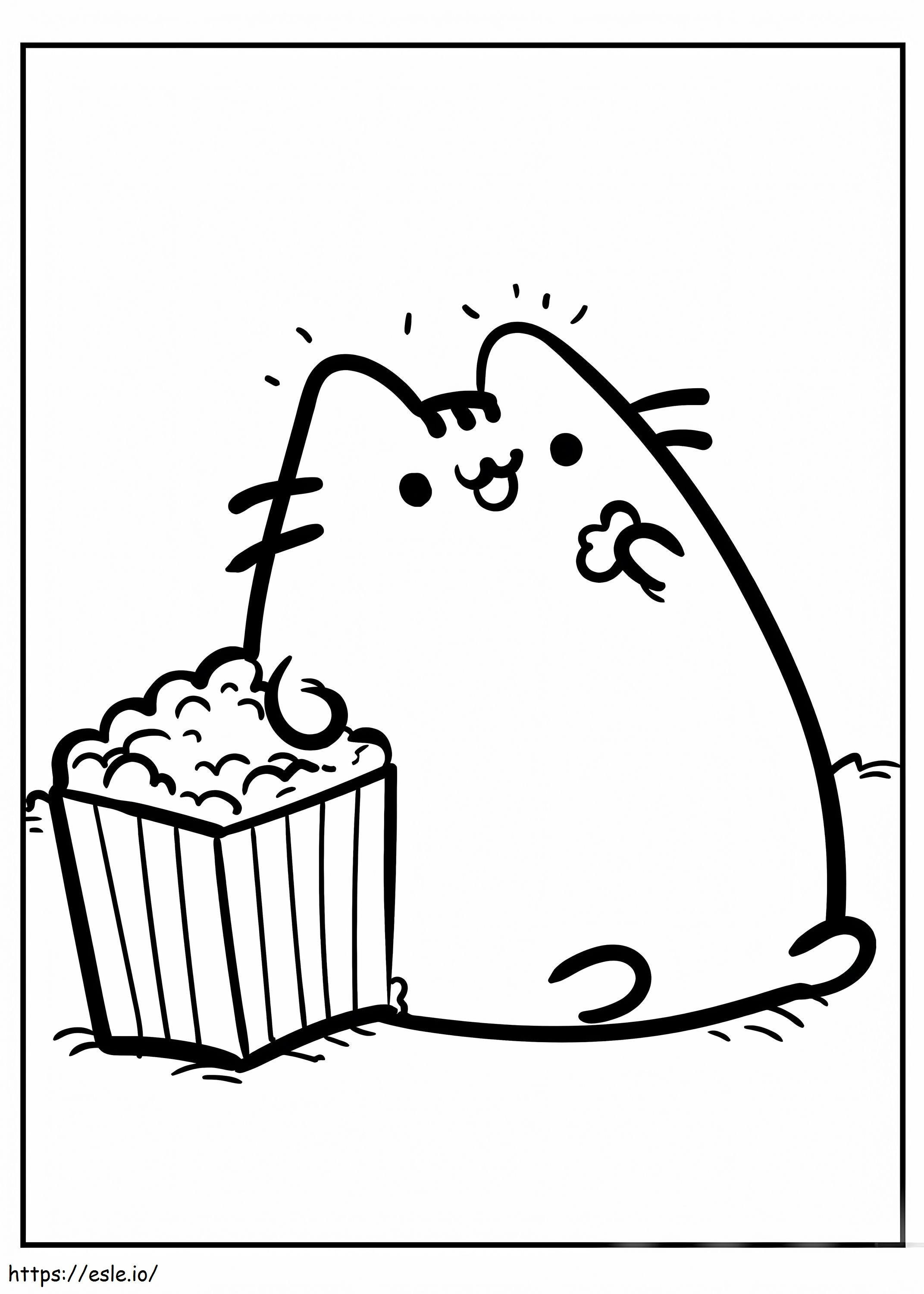 Pusheen jedzący popcorn kolorowanka