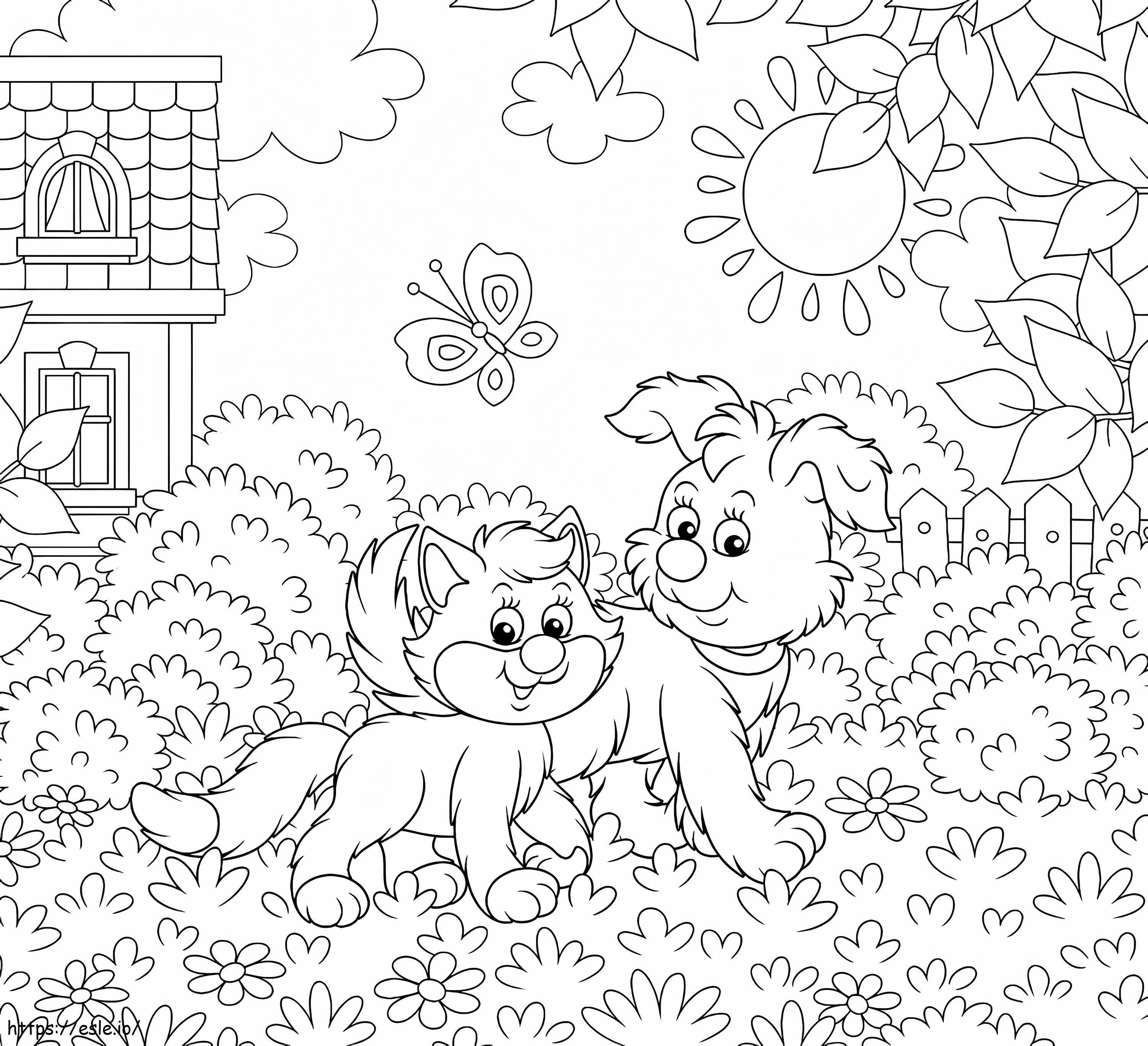 Coloriage Chien et chat dans le jardin à imprimer dessin