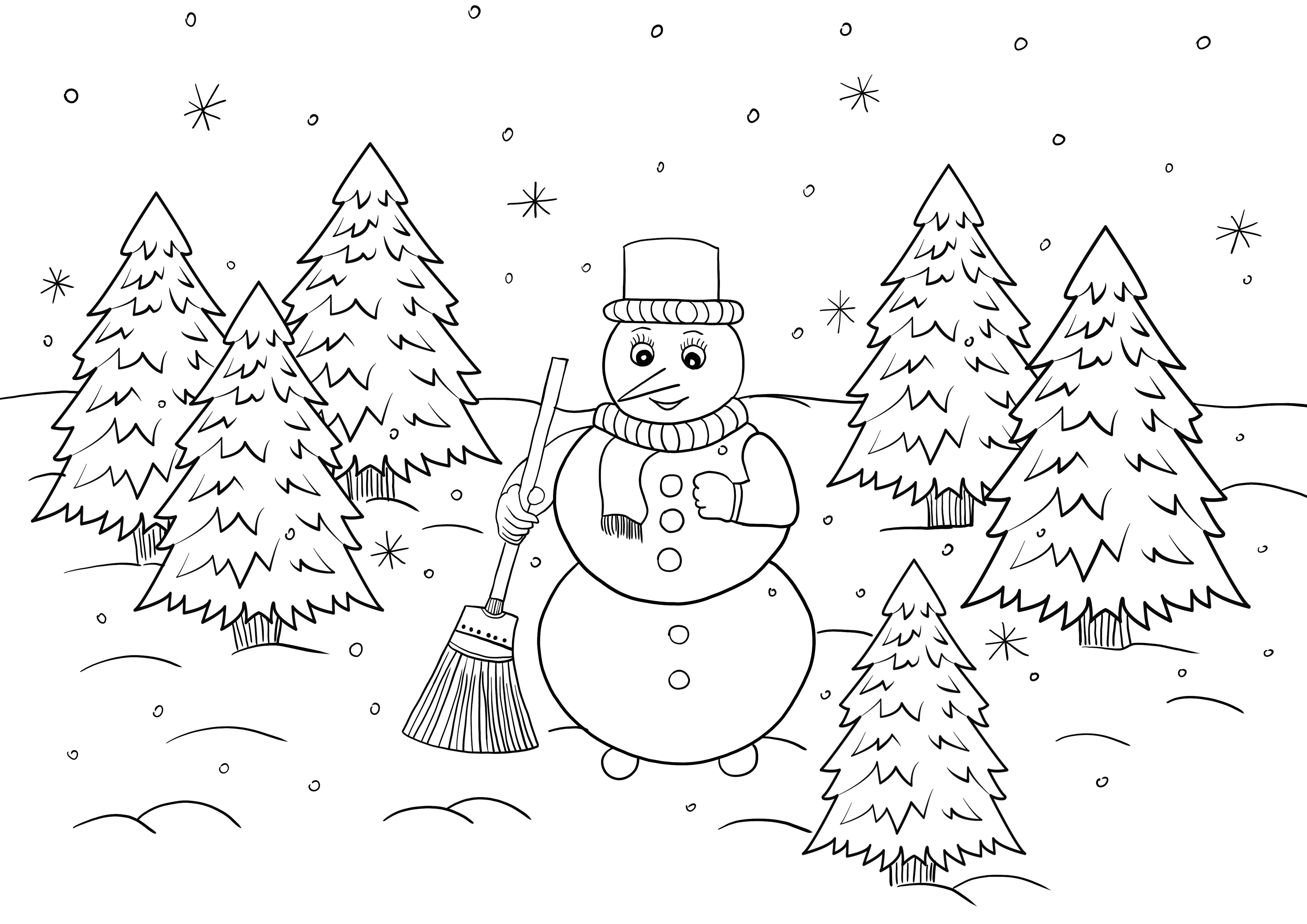 stampa gratuita di un fantastico inverno nella foresta-pupazzo di neve da colorare