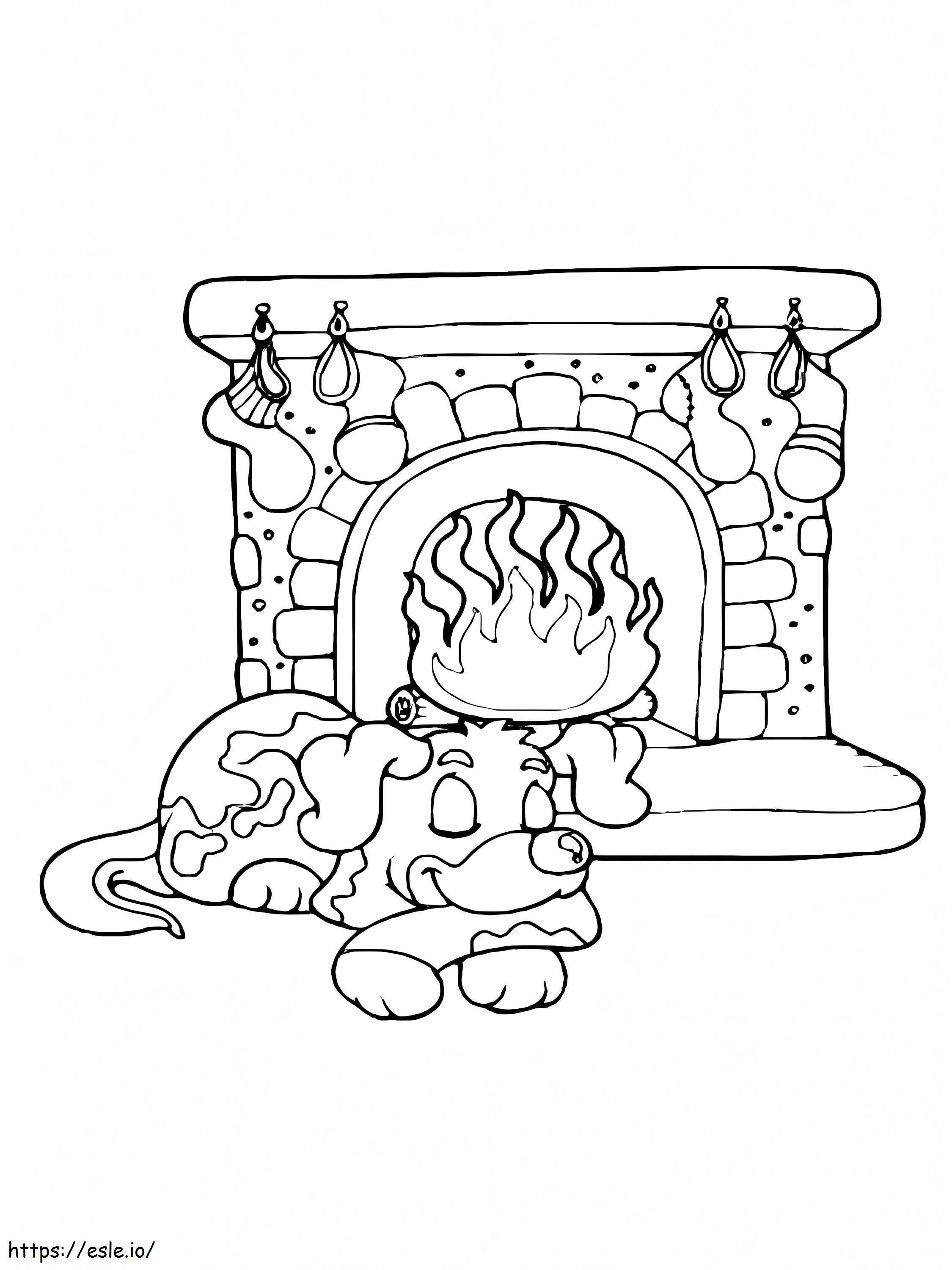 眠っている犬と暖炉 ぬりえ - 塗り絵