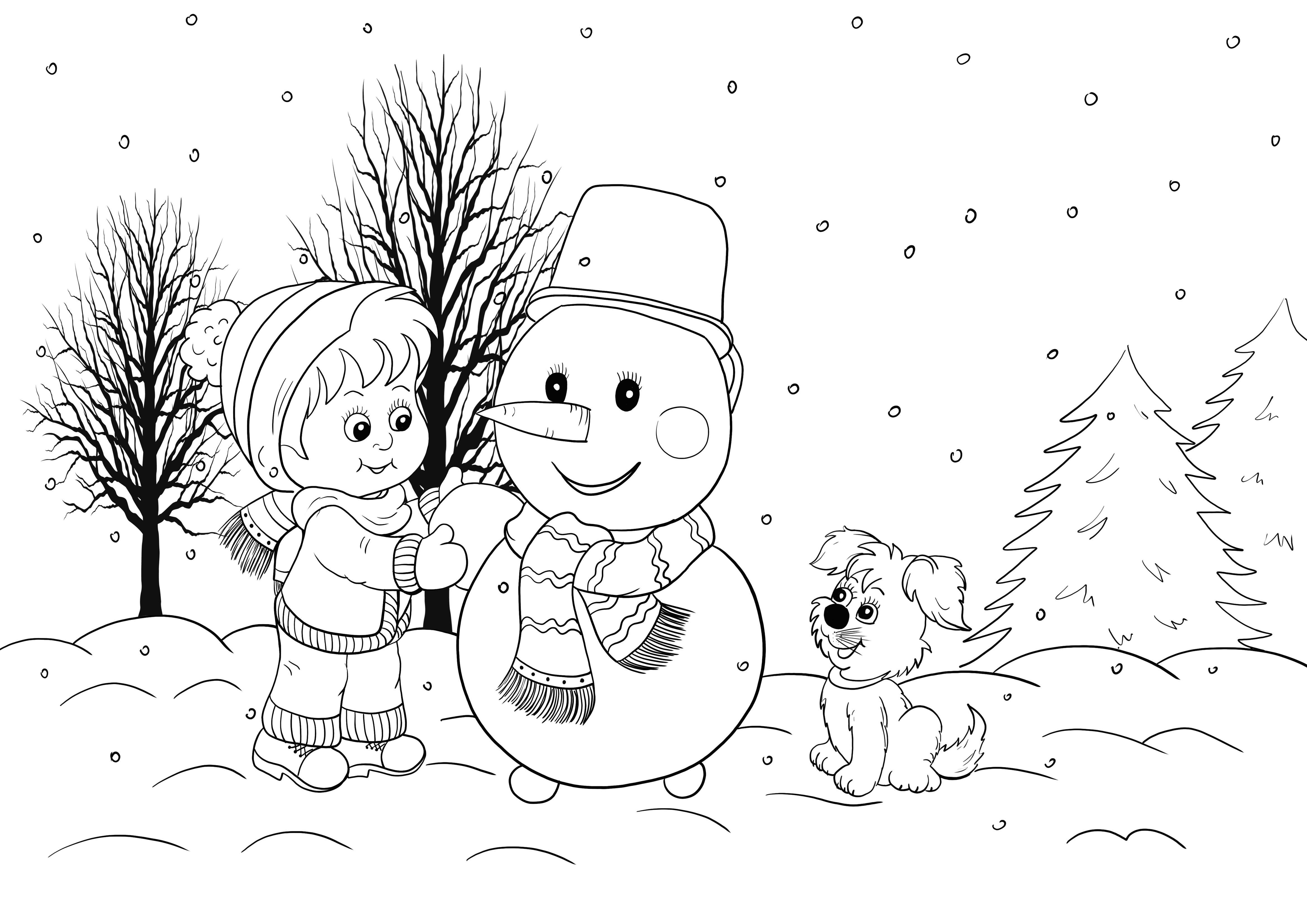 無料で冬の印刷画像で雪だるまを作る少年