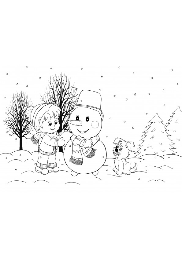 jongen die een sneeuwpop maakt in de winter gratis afbeelding afdrukken