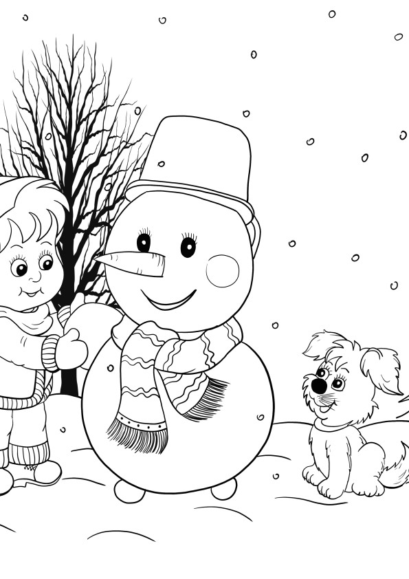 garçon faisant un bonhomme de neige en hiver image d'impression gratuite