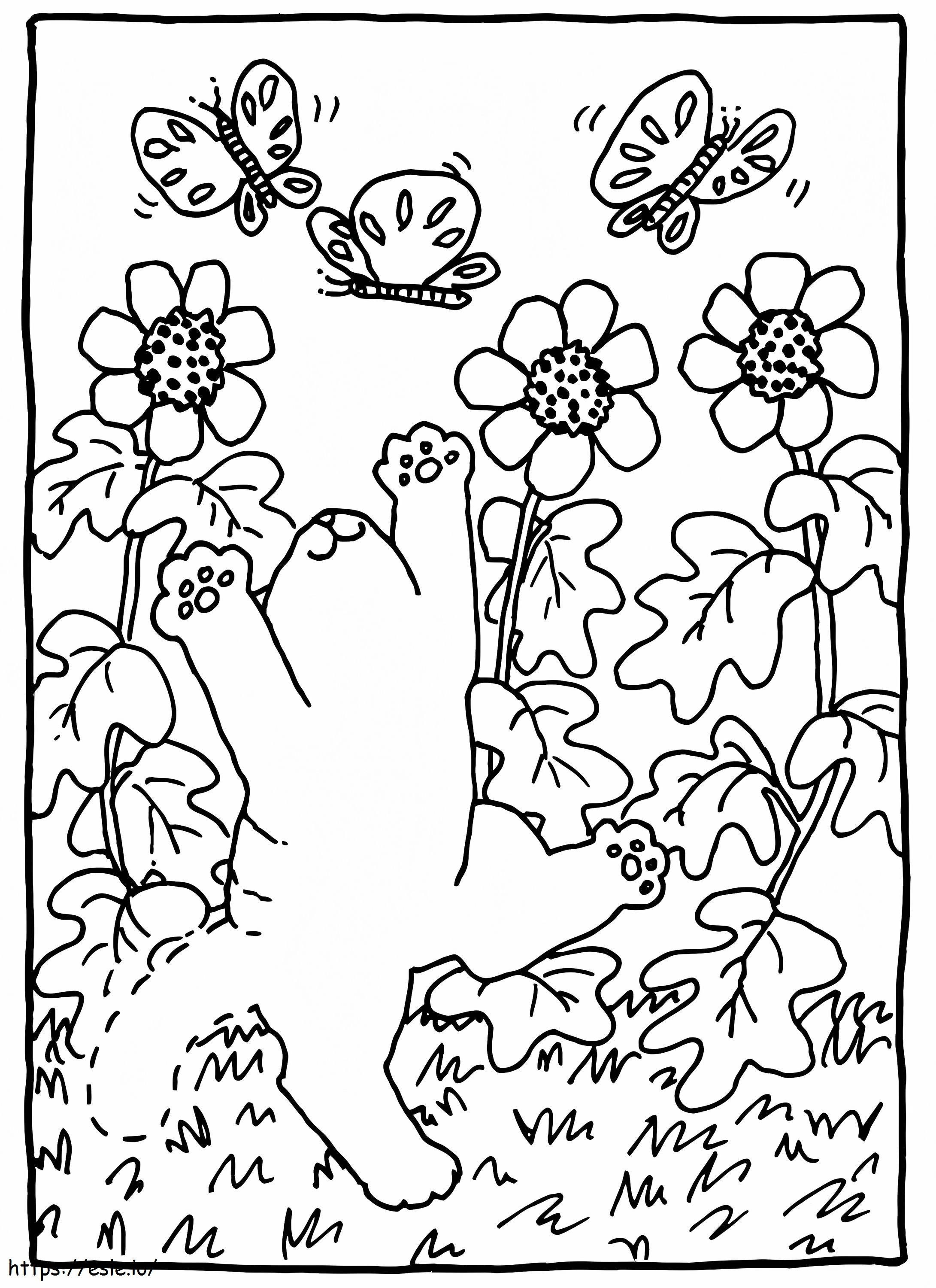 Cat And Butterflies In Spring coloring page