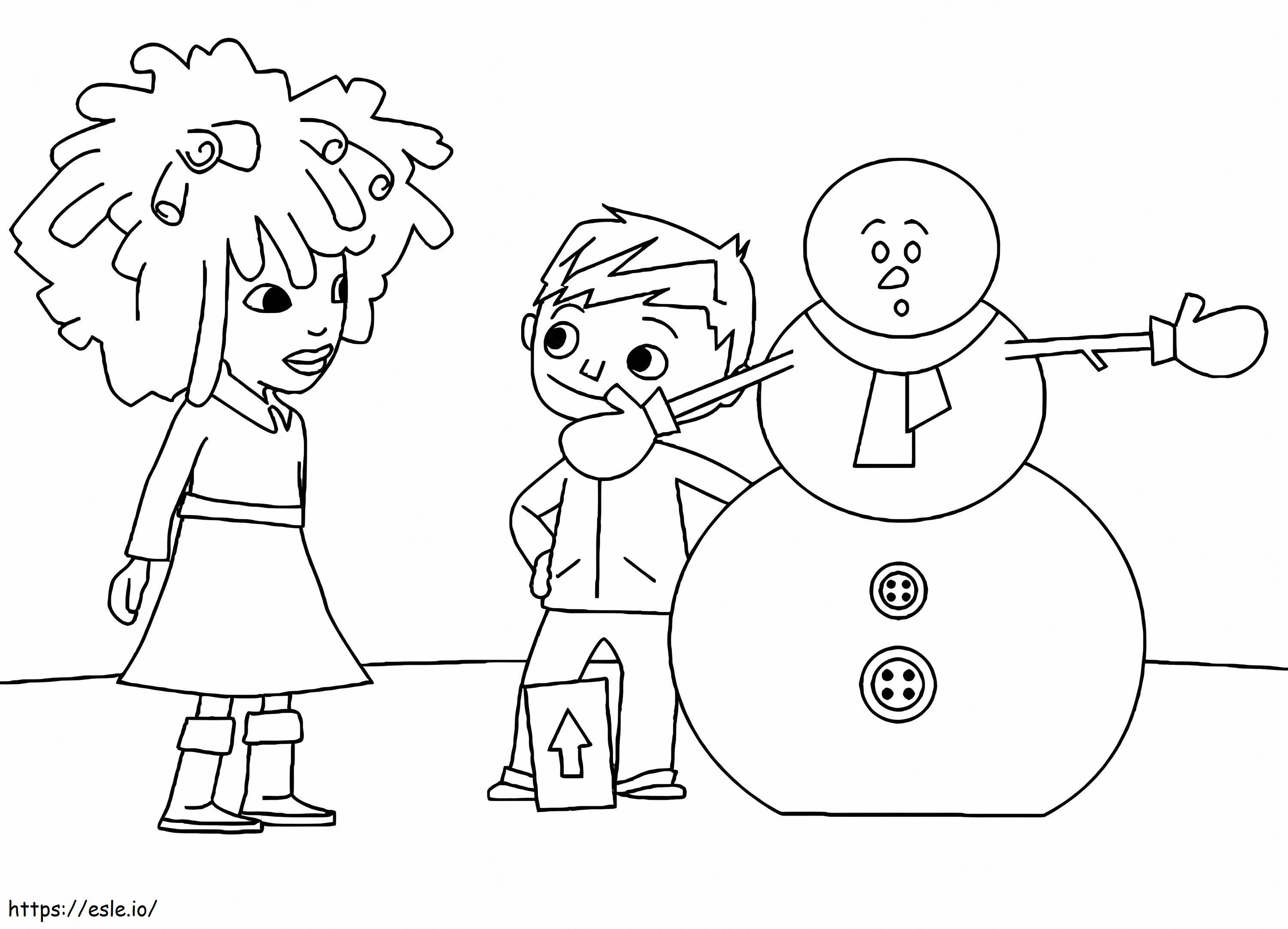 Coloriage Zack et Kira et bonhomme de neige à imprimer dessin
