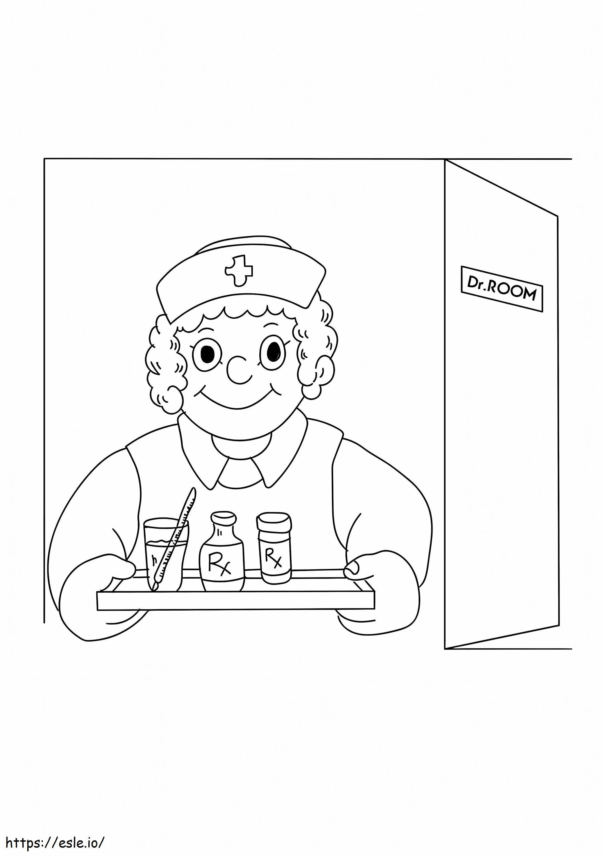 Enfermeira com bandeja de remédios para colorir