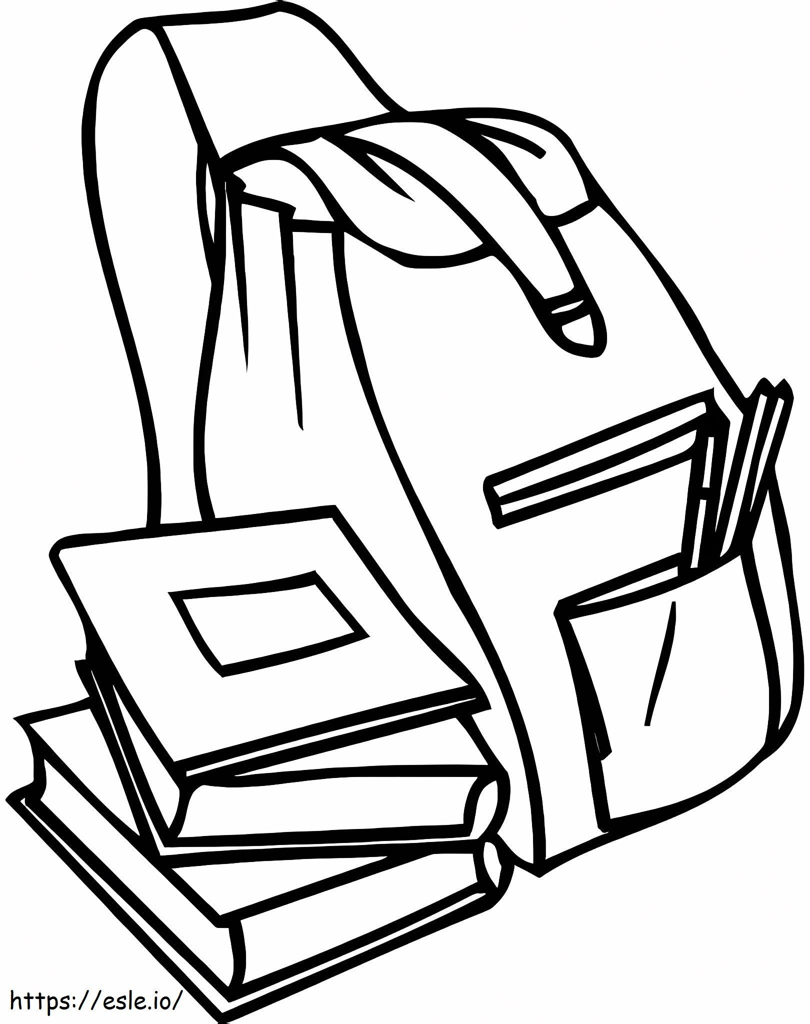 Três livros e mochila escolar para colorir