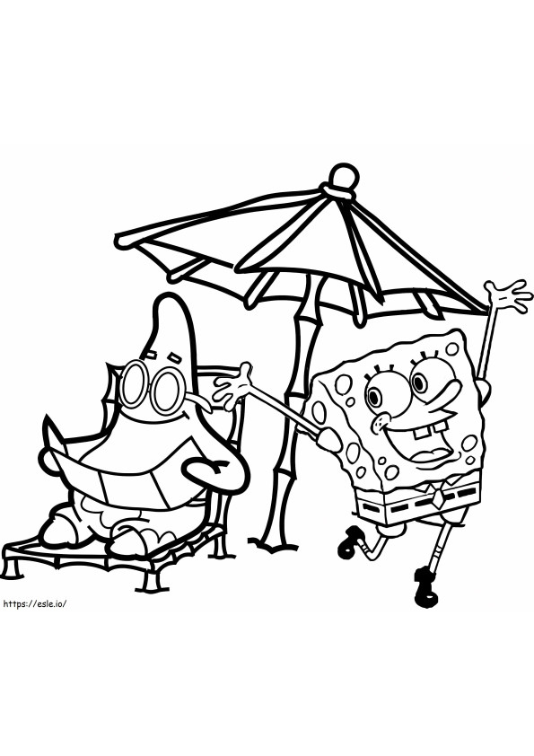 Coloriage Patrick Star et Bob l'éponge sur la plage à imprimer dessin