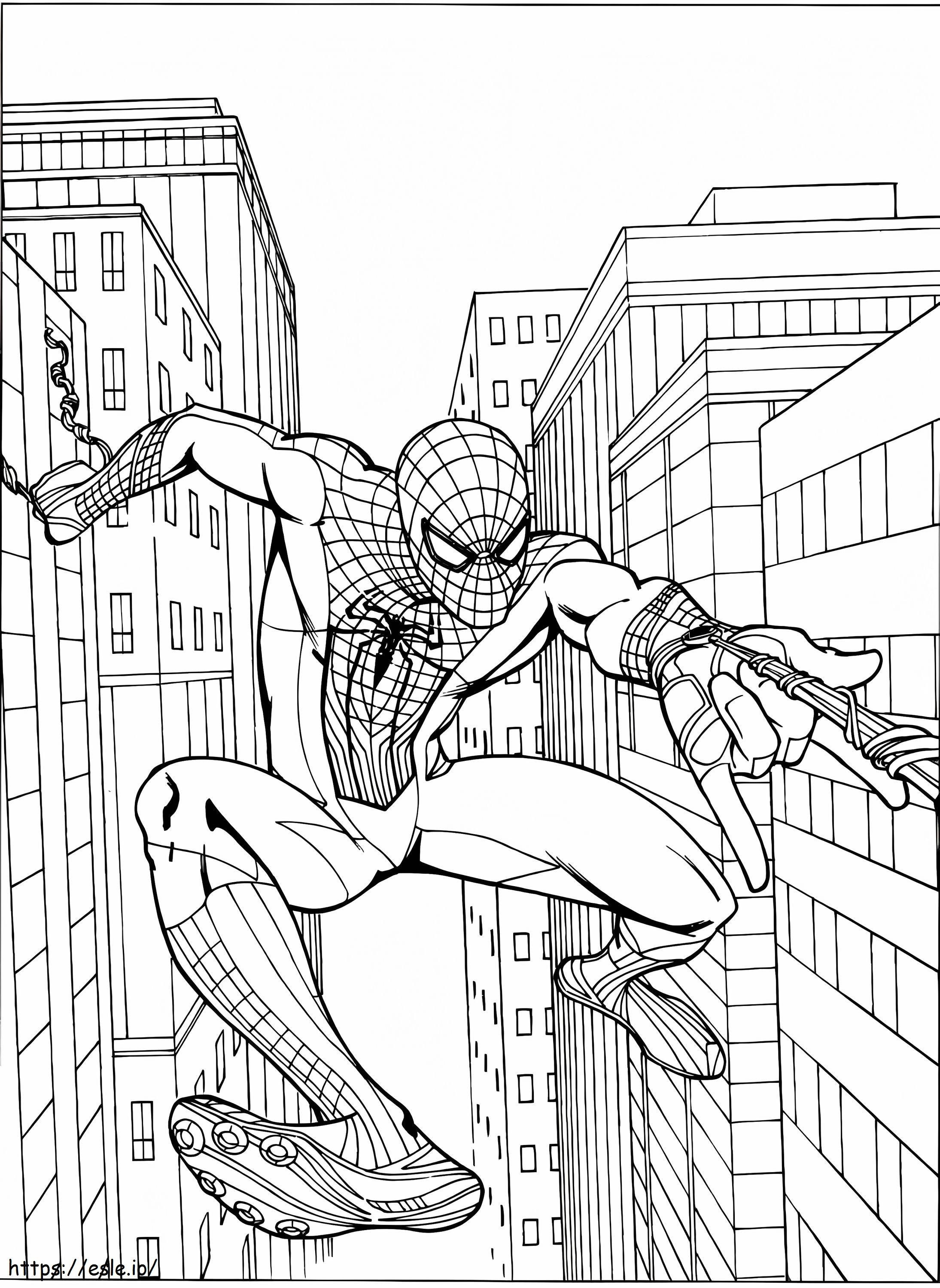 Coloriage Spiderman dans la ville à imprimer dessin