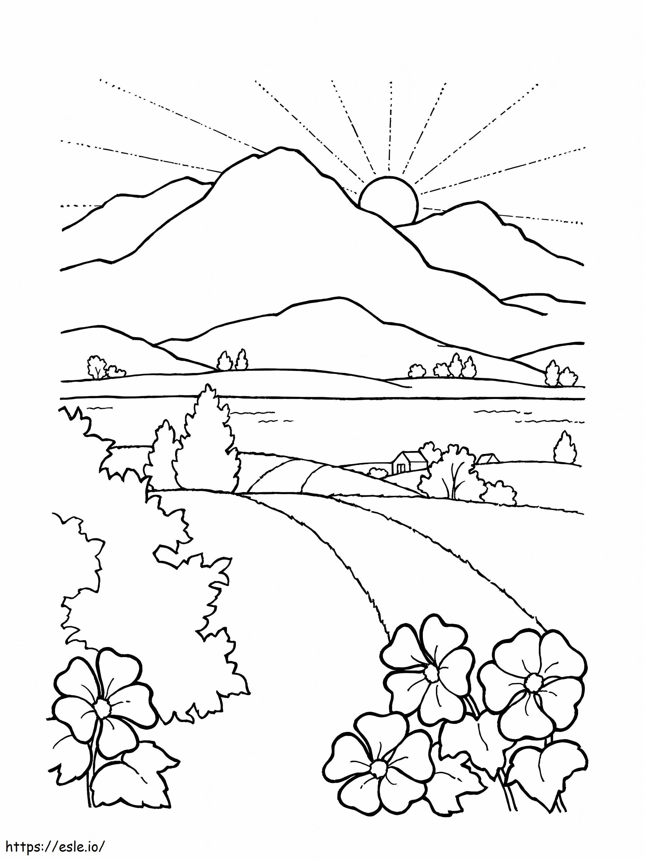 Coloriage Montagne au coucher du soleil à imprimer dessin