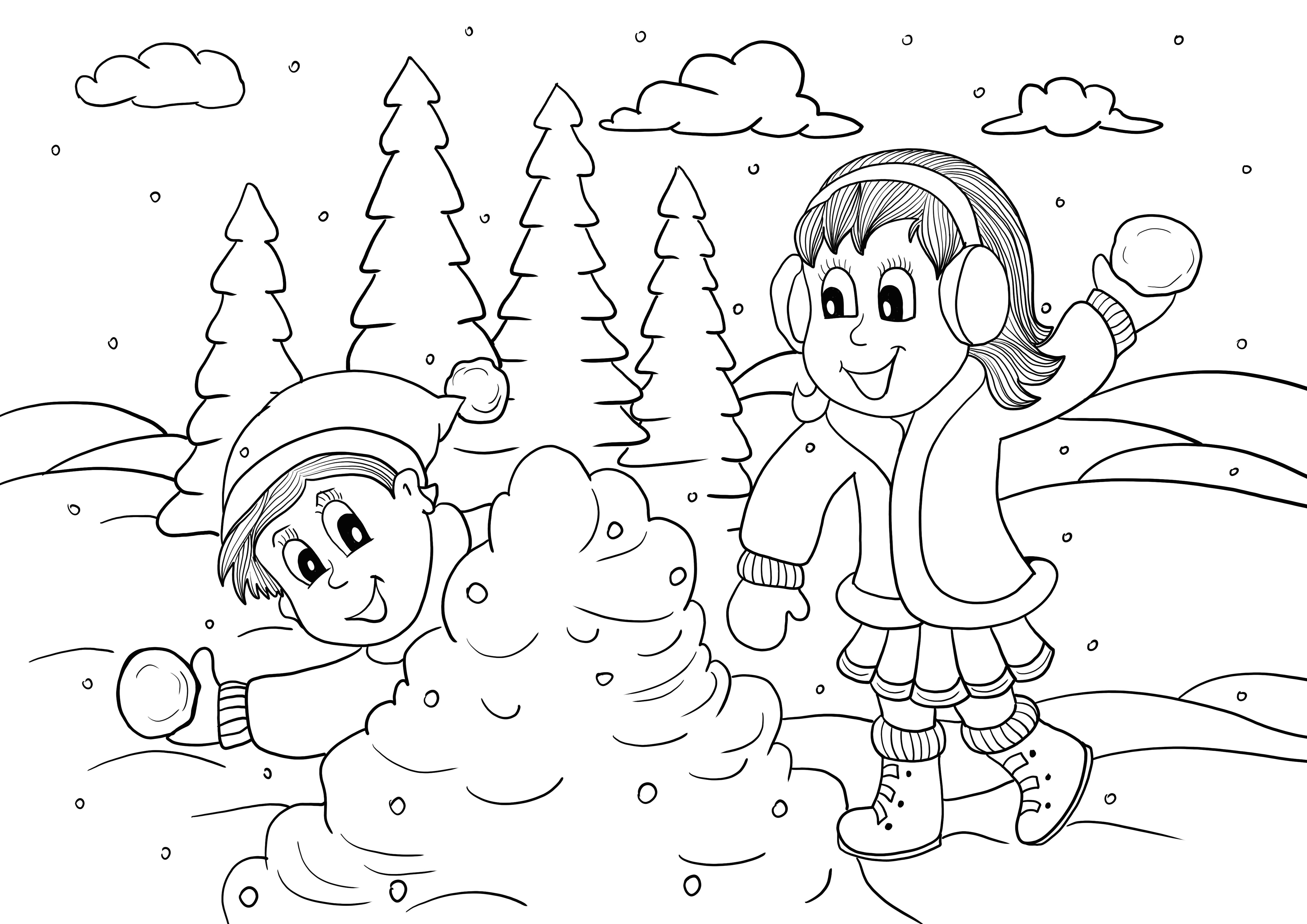  enfants et boules de neige jouant feuille de coloriage et imprimables gratuits