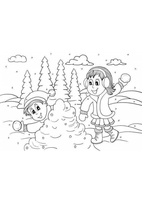  crianças e bolas de neve jogando folha para colorir e imprimíveis gratuitos