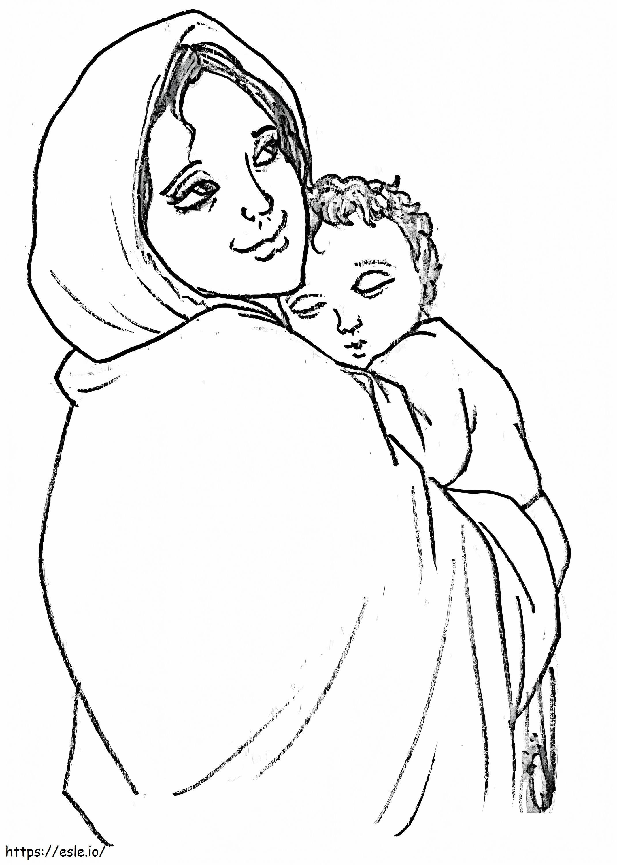 Coloriage Mère Marie avec l'Enfant Jésus 1 à imprimer dessin