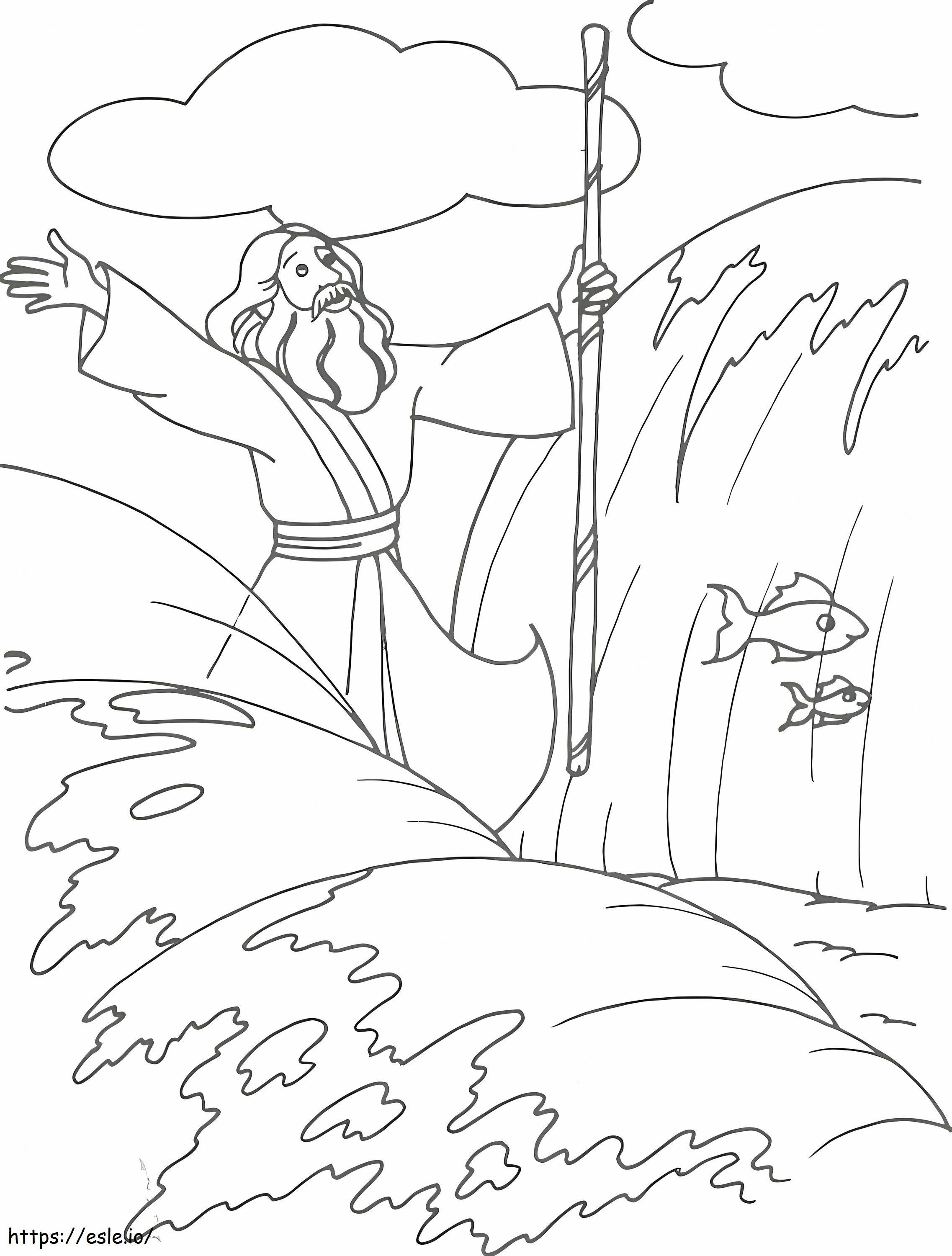 Moisés está atravessando o Mar Vermelho para colorir