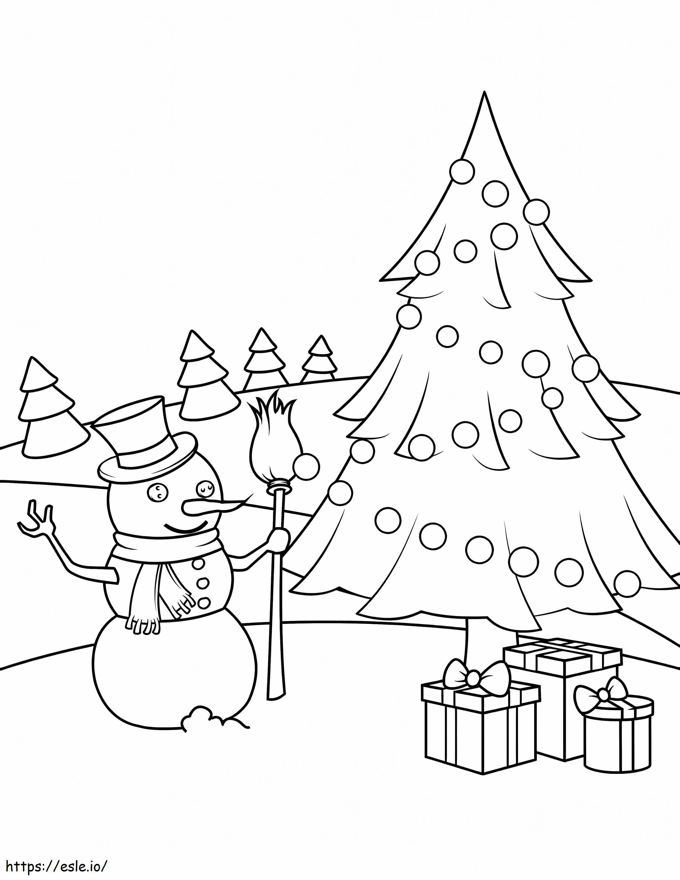 muñeco de nieve y árbol de navidad para colorear