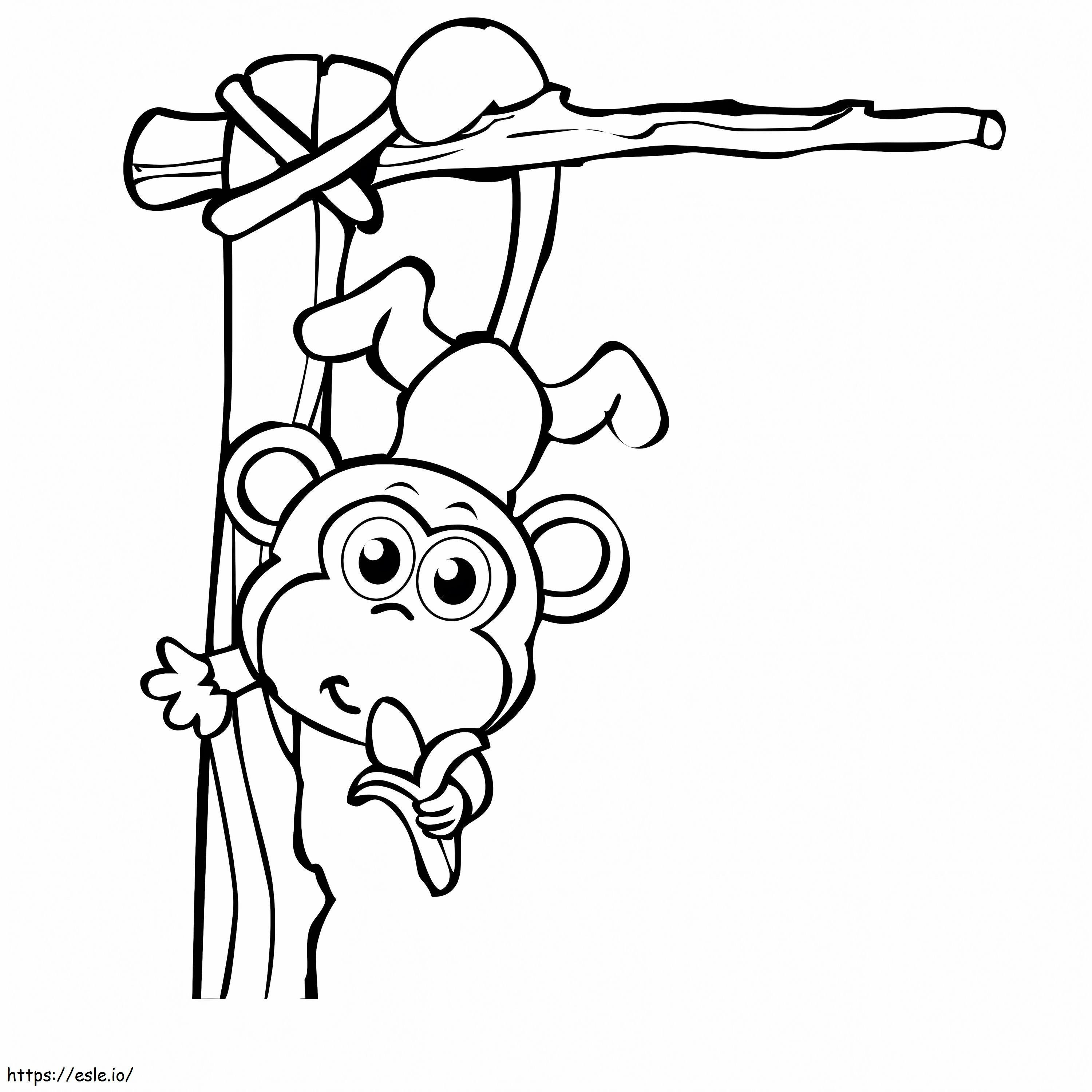 Apina kiipeilee puihin ja syö banaania värityskuva