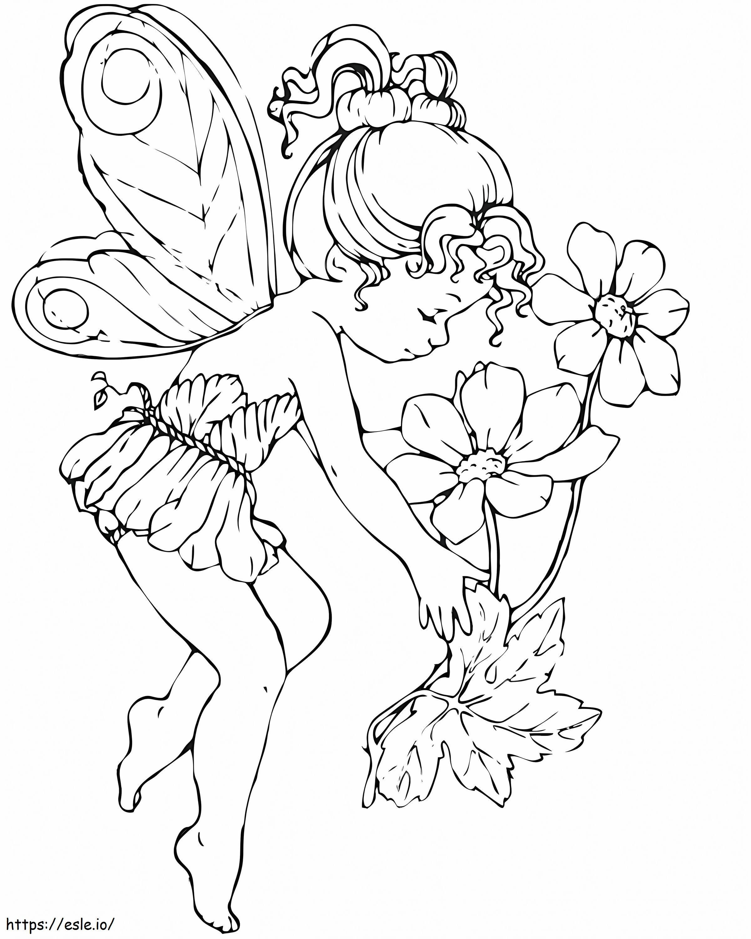 Coloriage Petite fée cueillant des fleurs à imprimer dessin