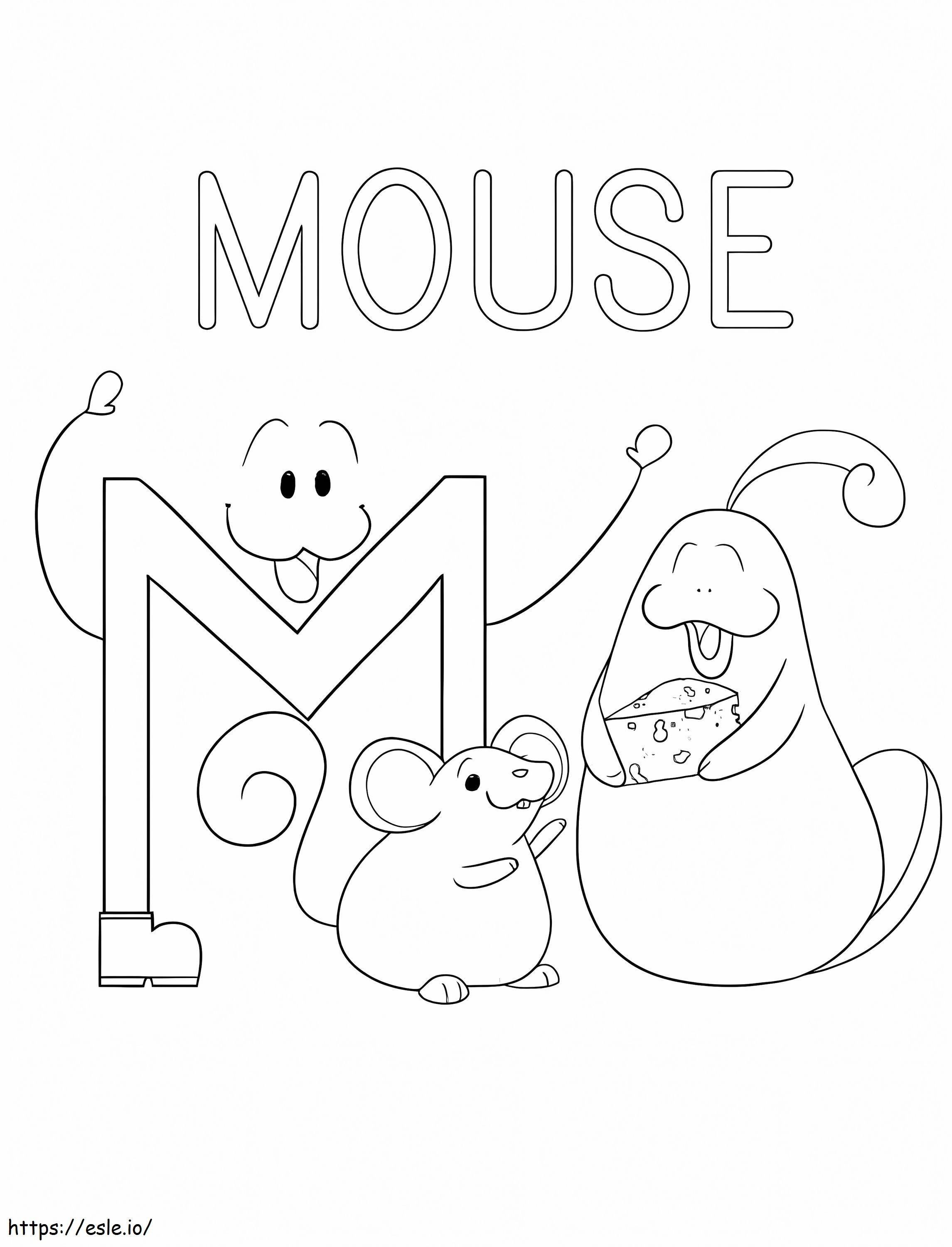 Coloriage Lettre de souris heureuse M à imprimer dessin