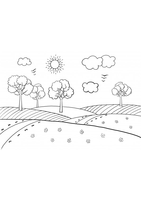 easy trees in the field coloring image and free printing