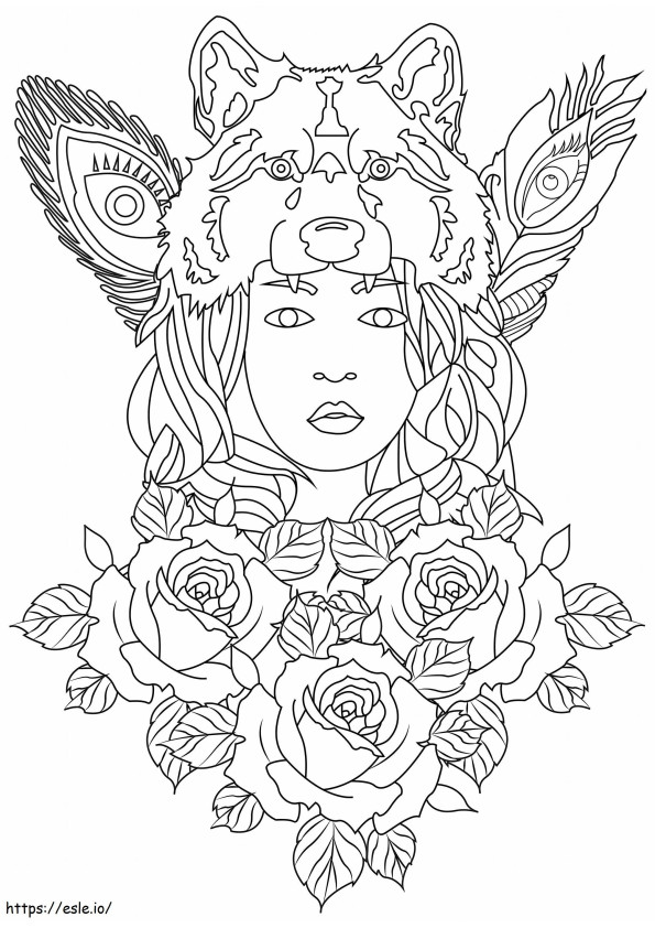 Lobo menina com rosas para colorir