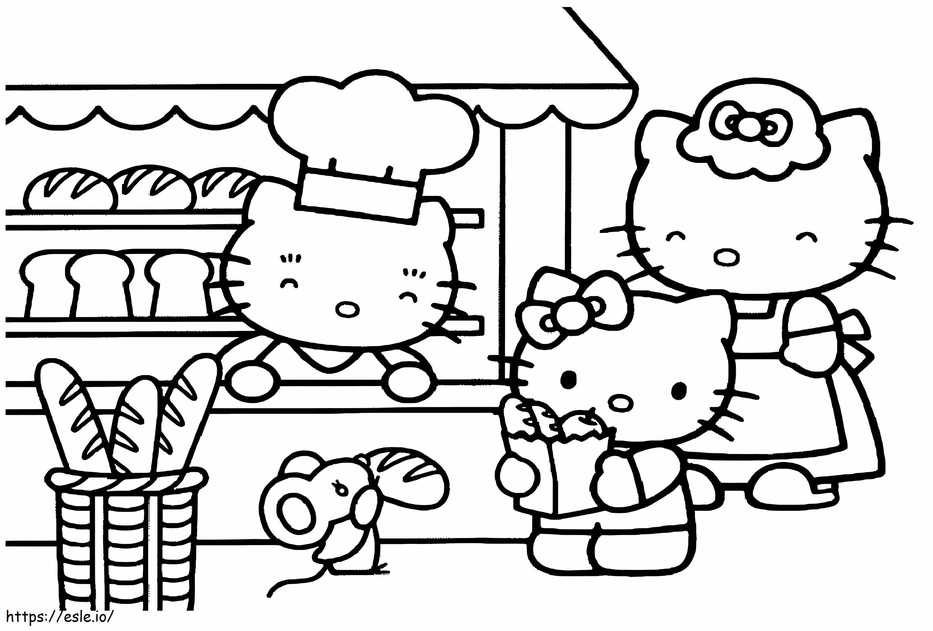 Hello Kittyn perhe leipomossa värityskuva