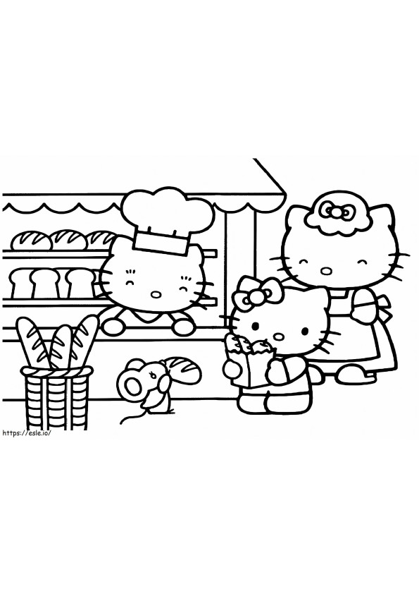 A família da Hello Kitty na padaria para colorir