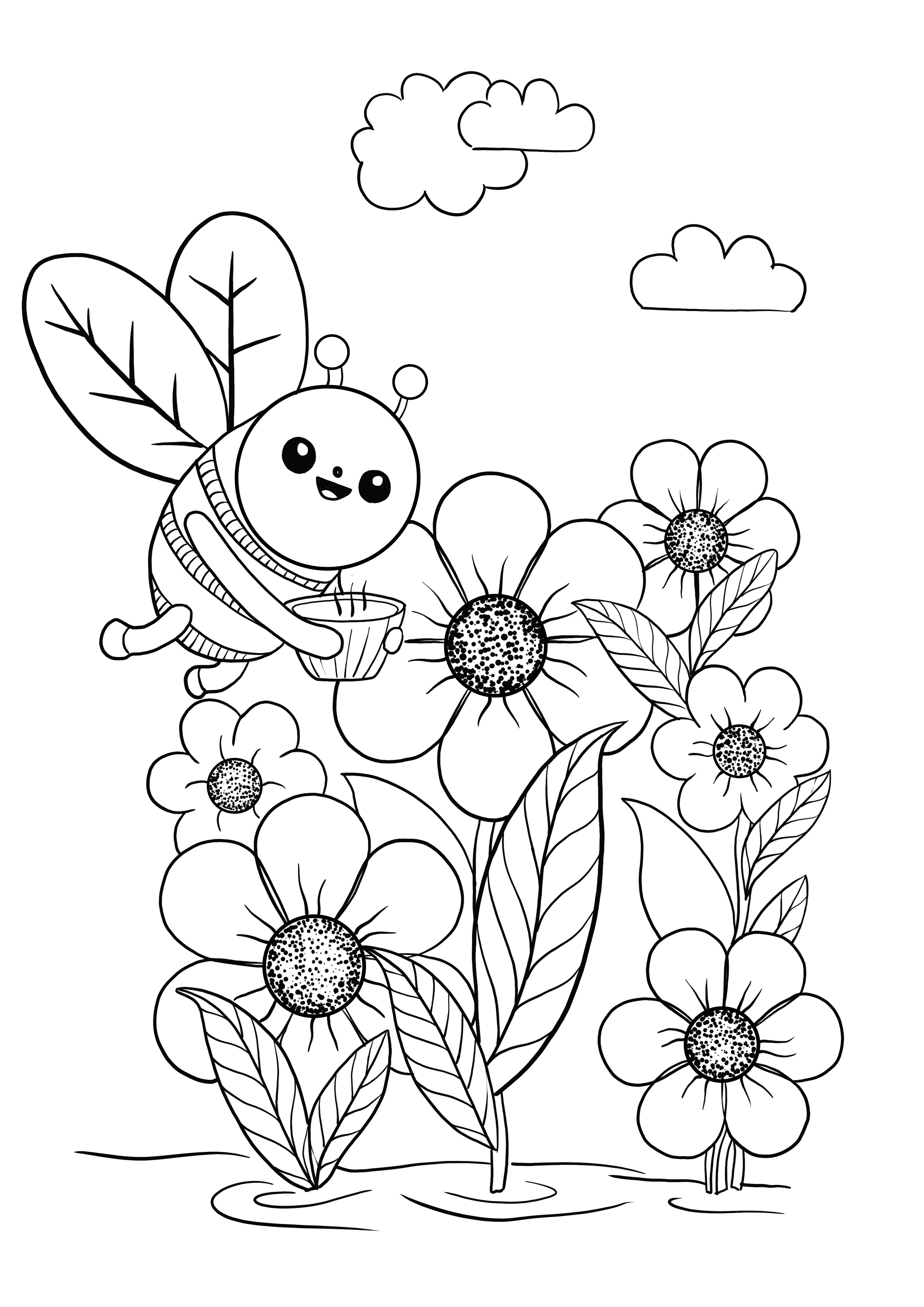 abelha e flores na primavera para colorir e imprimir gratuitamente