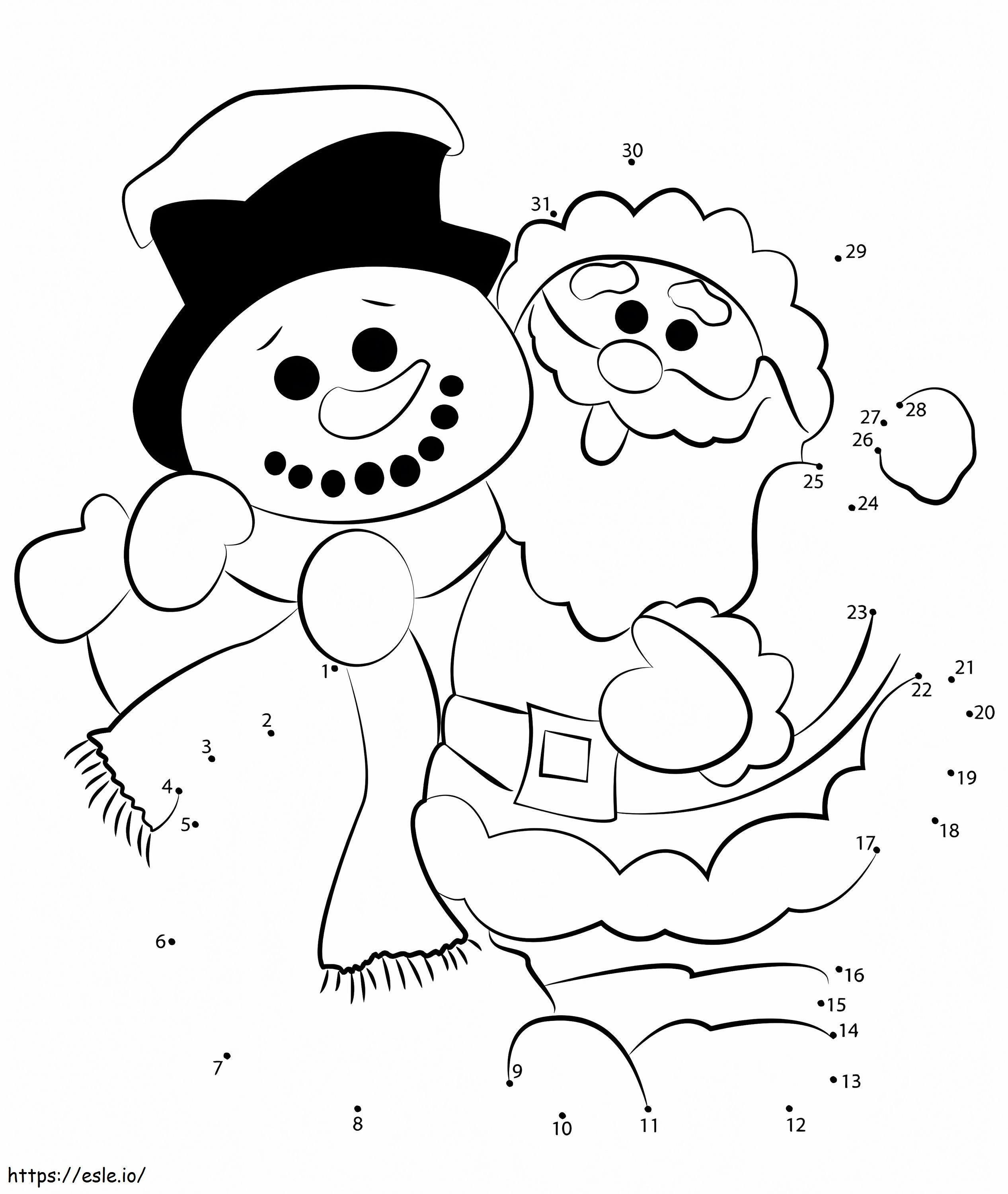 Coloriage Père Noël avec bonhomme de neige point à point à imprimer dessin