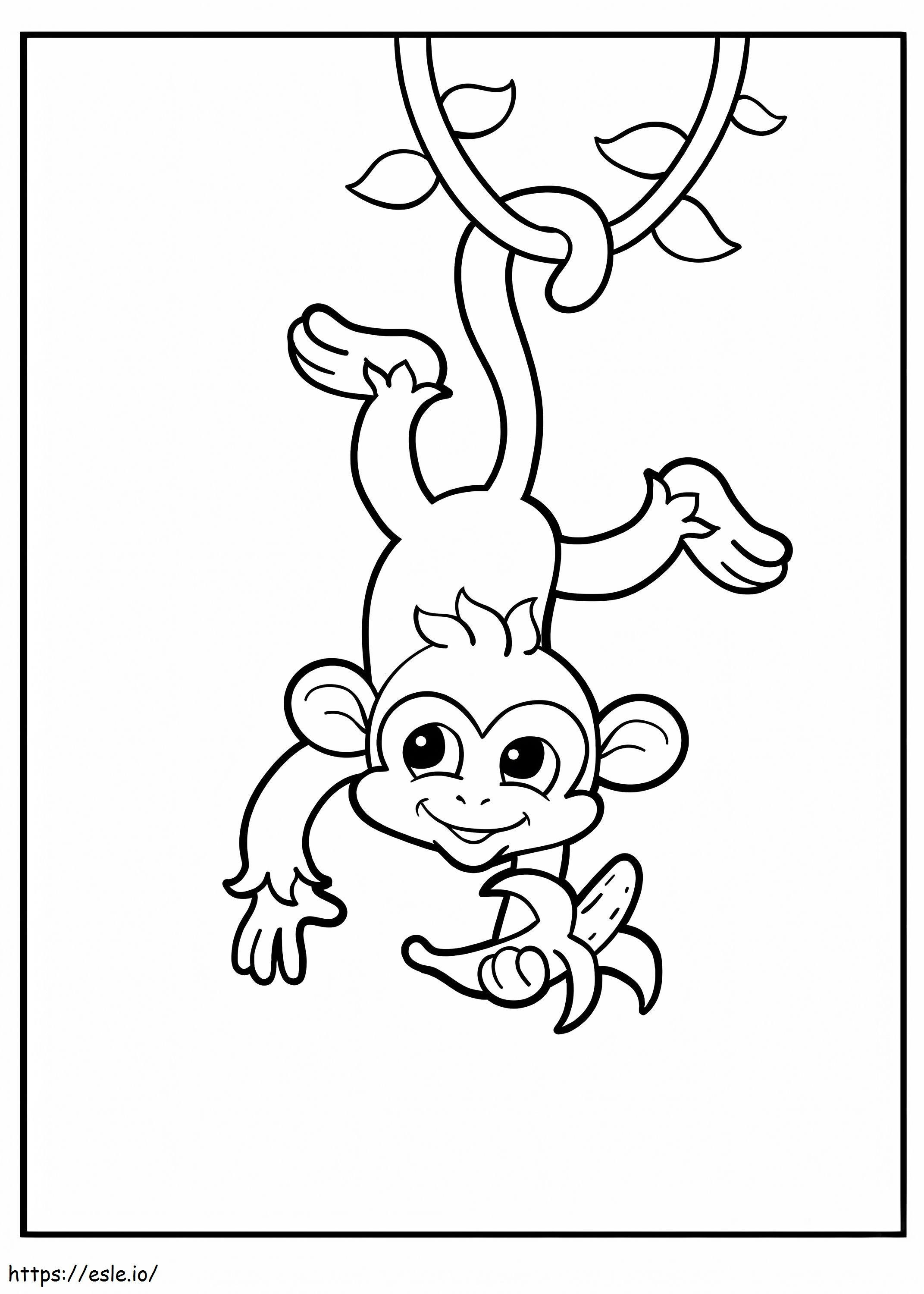 Maimuță ține banane și atârnă cu capul în jos de un copac de colorat