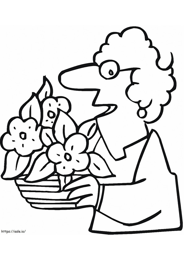 Coloriage Grand-mère avec pot de fleurs à imprimer dessin