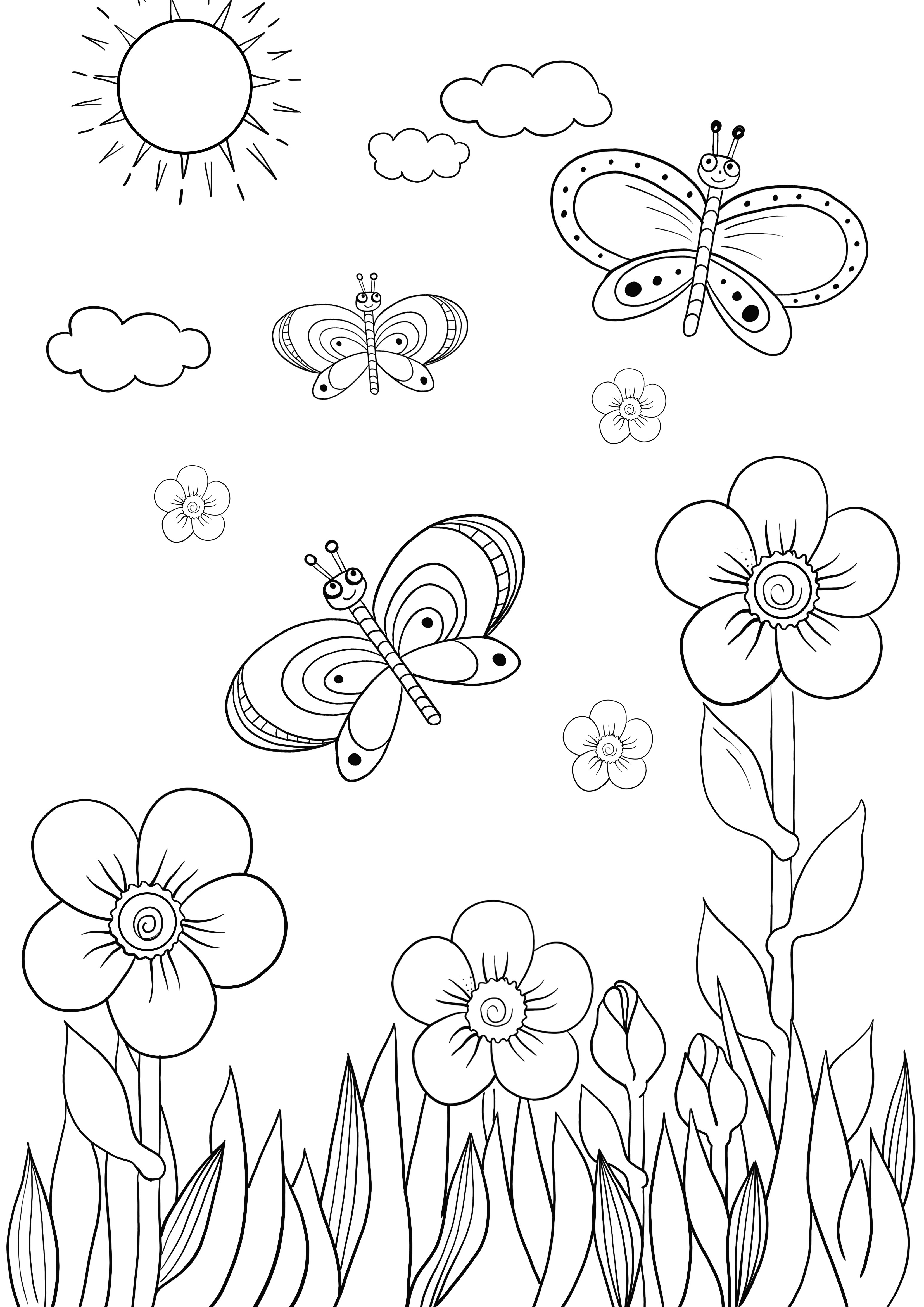 desen de colorat ușor de flori și fluturi gratuit