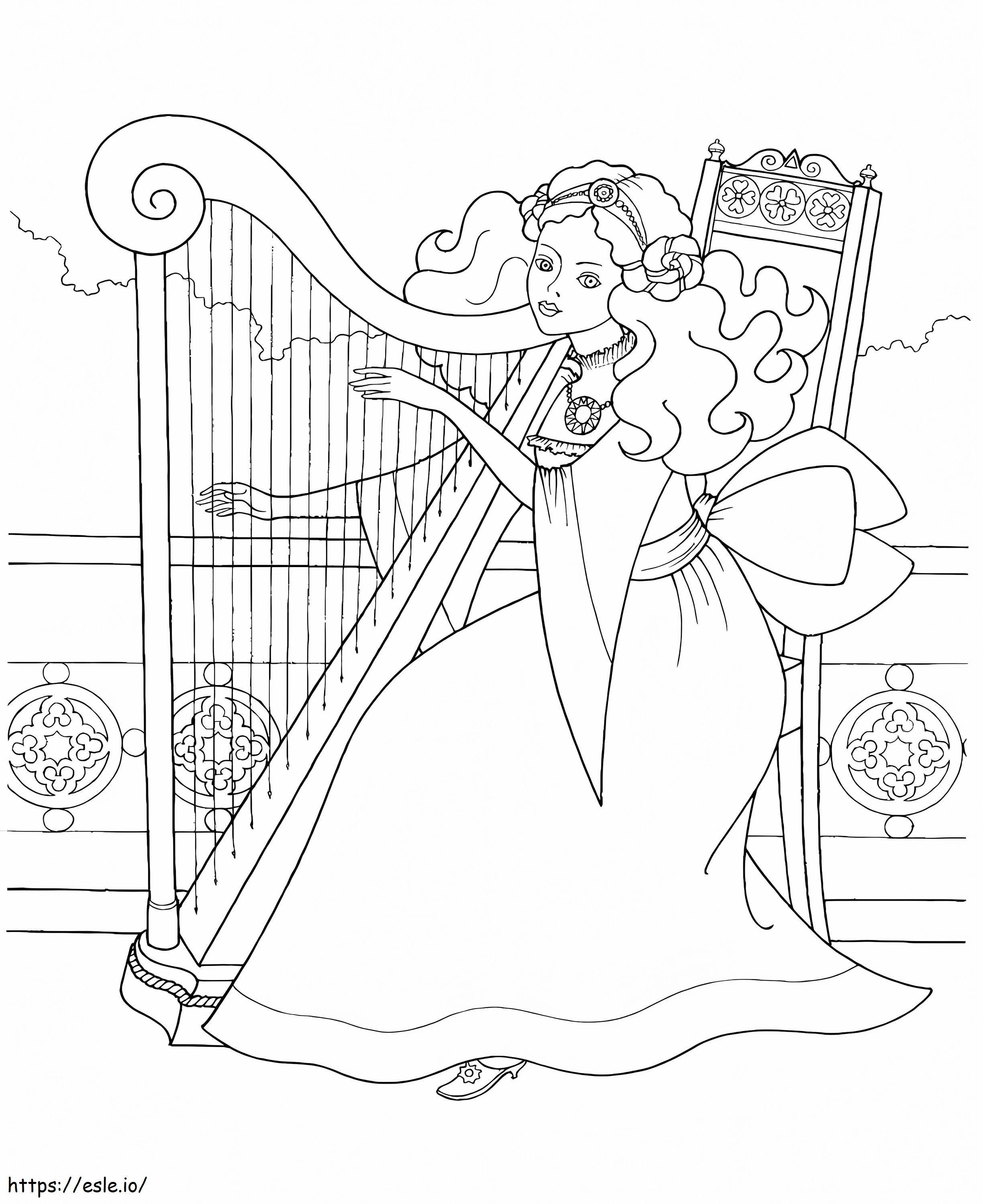 Kaunis tyttö soittaa harppua värityskuva
