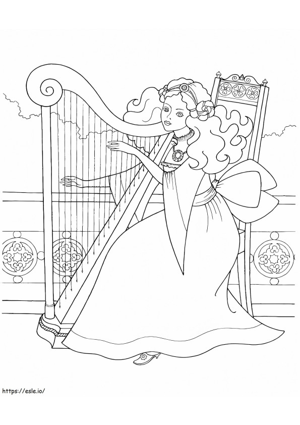 Kaunis tyttö soittaa harppua värityskuva