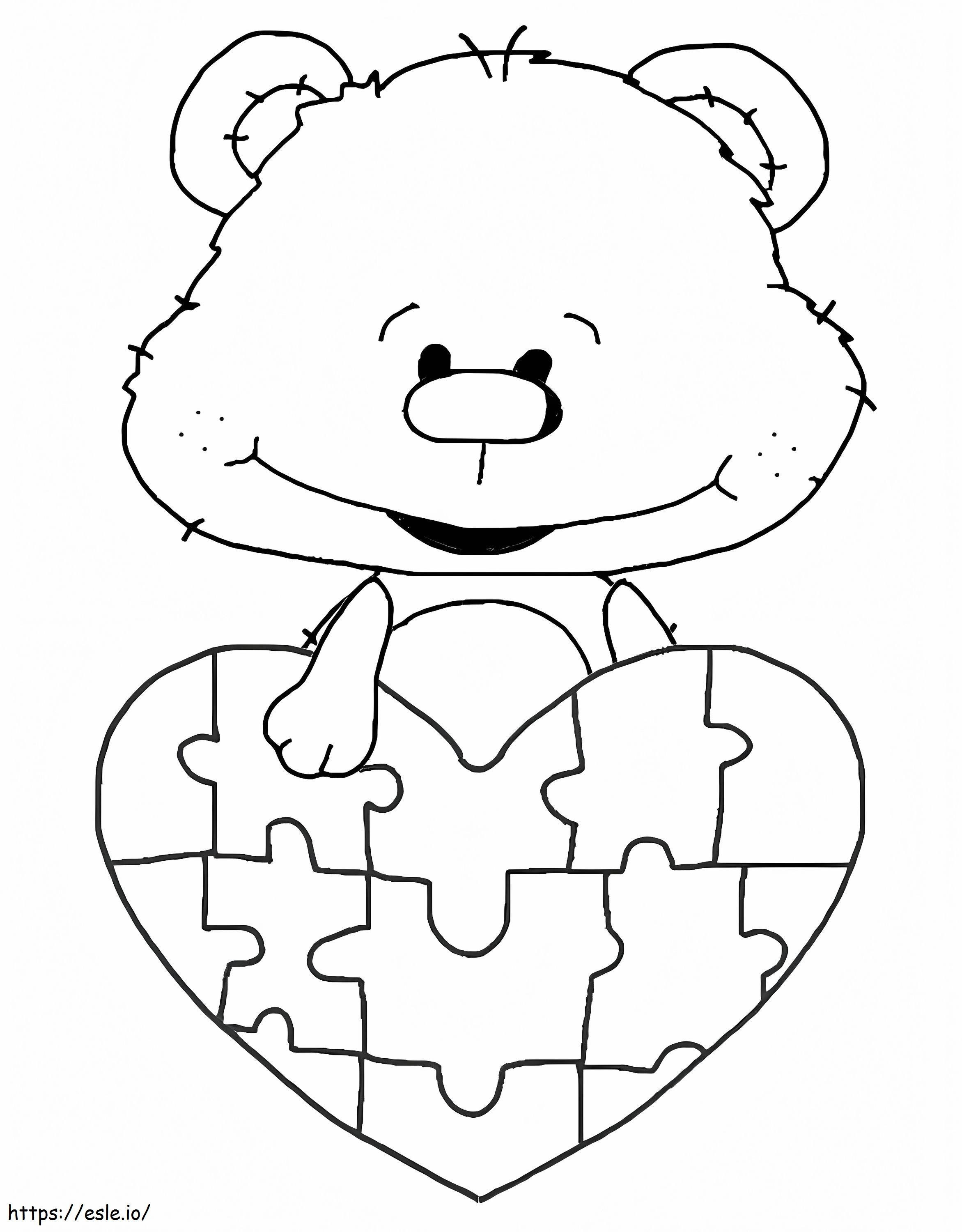 Coloriage Ours en peluche avec coeur de sensibilisation à l'autisme à imprimer dessin