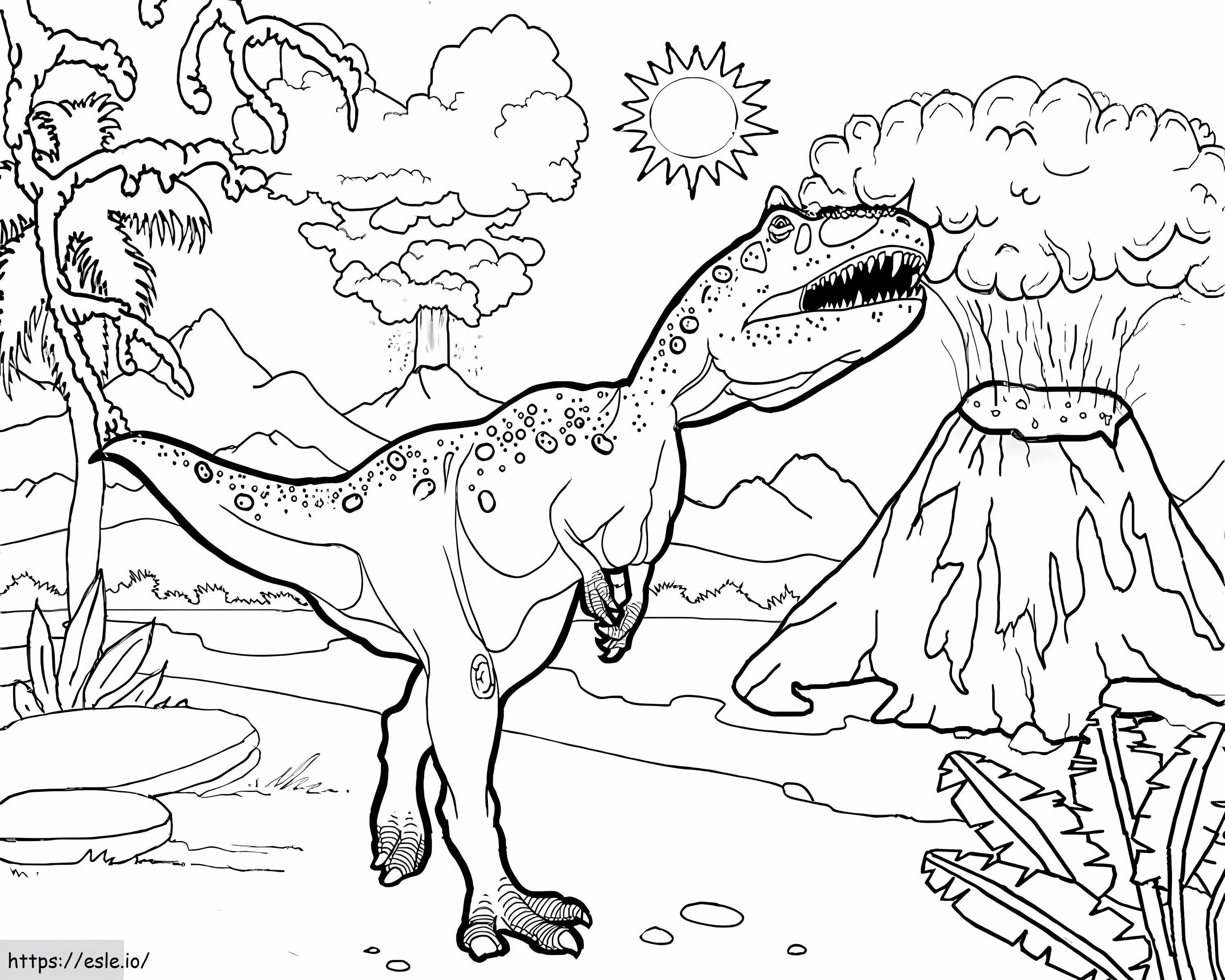 T Rex tulivuorilla ympärillä värityskuva